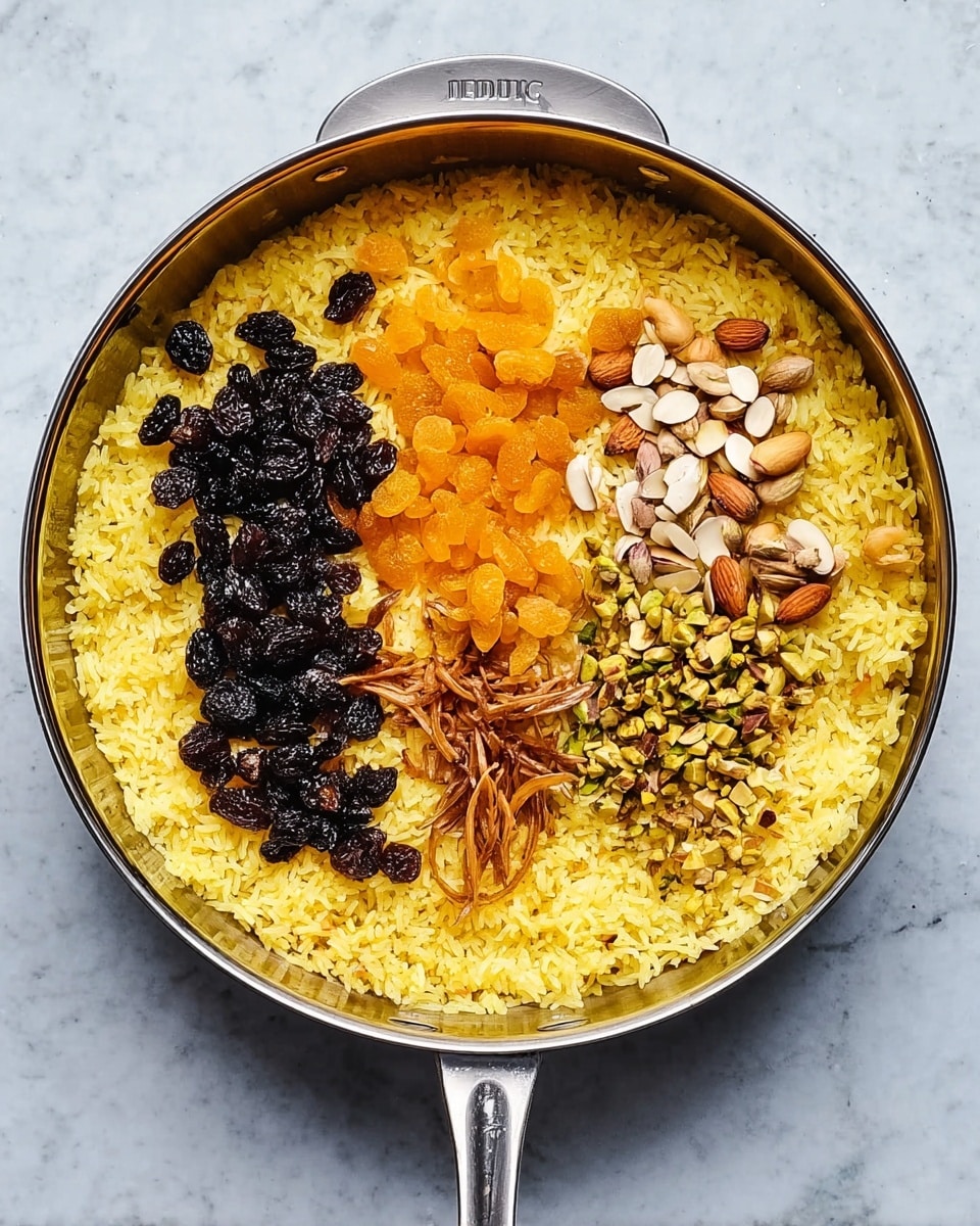 A shiny round pan with a long handle holds a single layer of yellow rice as the base. On top of the rice, there are three groups of toppings arranged side by side: dark raisins on the left, light orange small pieces in the middle, and mixed nuts including sliced almonds and pistachios on the right. The rice looks soft and fluffy with a few thin brown strands mixed in near the raisins. The pan is set on a white marbled surface. Photo taken with an iphone --ar 4:5 --v 7