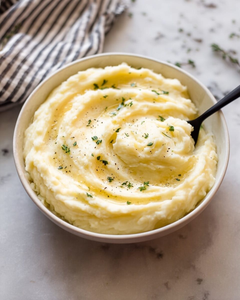 A white bowl filled with smooth, creamy mashed potatoes that are soft and fluffy, with gentle swirls on the surface creating a textured pattern. The potatoes have a pale yellow color, with small specks of green herbs and black pepper sprinkled evenly over the top. A black spoon is partially dipped into the mashed potatoes, scooping up a portion from the center of the bowl. The bowl sits on a white marbled surface, with a blurred striped cloth in the background. photo taken with an iphone --ar 4:5 --v 7