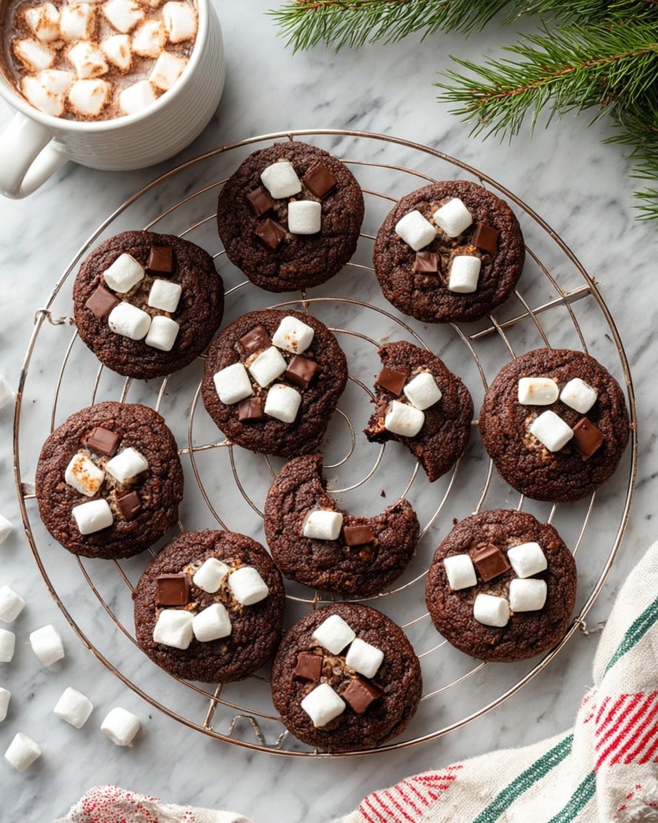 A round wire cooling rack sits on a white marbled surface, holding eleven dark brown chocolate cookies. Each cookie is topped with several white mini marshmallows and thick, square chocolate chunks, arranged evenly on the surface. One cookie near the center has a bite taken out of it, exposing its soft texture inside. In the top left corner, a white mug filled with hot chocolate topped with many mini marshmallows is placed. To the right, a green pine branch adds a touch of nature. The bottom right corner shows part of a white cloth with red and green stripes, adding color to the scene. photo taken with an iphone --ar 4:5 --v 7