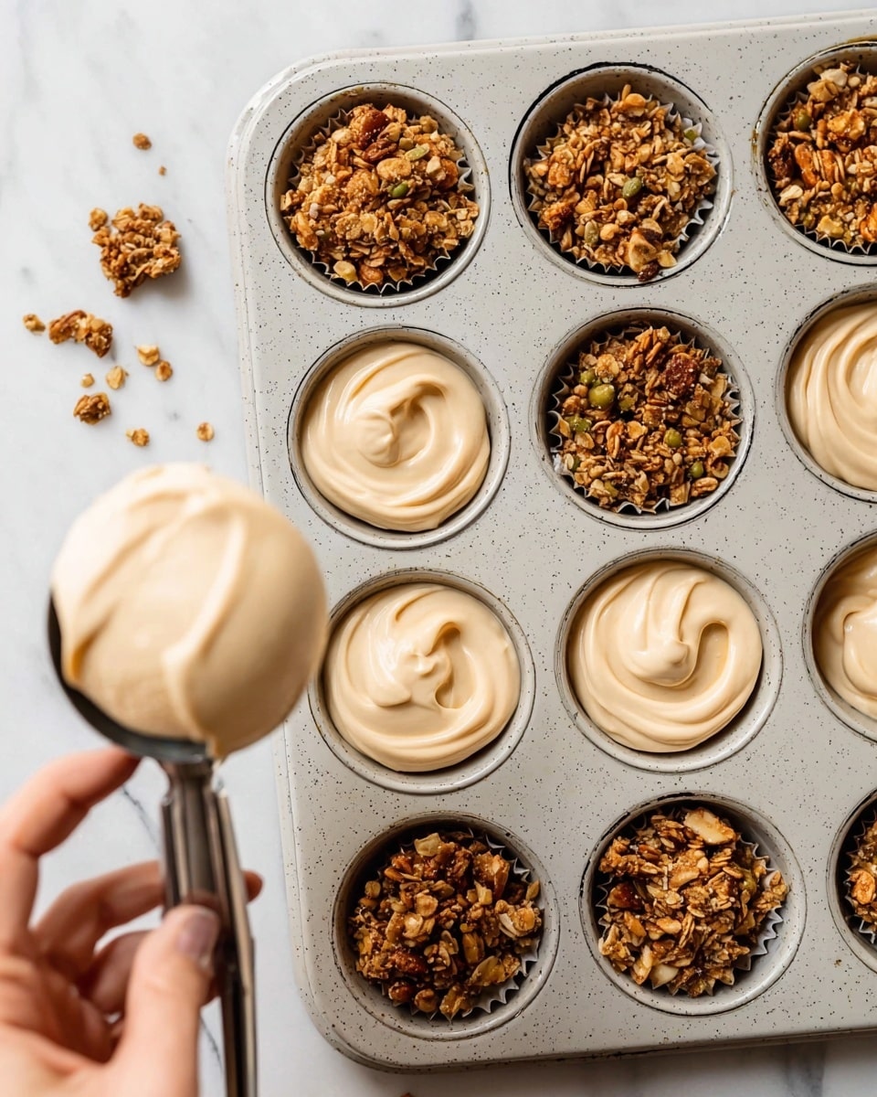A white speckled muffin tray holds a layer of granola mixed with nuts and seeds at the bottom of each cup, showing a crunchy texture with warm brown and golden colors. Above this base, there is a creamy, light beige-colored batter swirled smoothly on top of the granola in the upper cups, giving a soft and thick feel. A woman's hand is using a metal ice cream scoop to place more of the creamy batter onto the granola in one of the cups. The tray is set on a white marbled surface with a few granola pieces scattered nearby. photo taken with an iphone --ar 4:5 --v 7