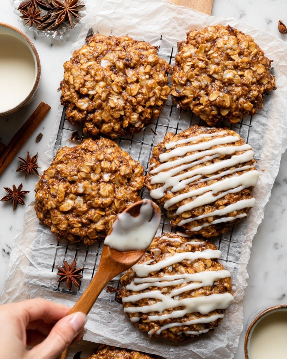 A group of large, textured oatmeal cookies is shown on a black cooling rack over a white marbled surface. Each cookie has two layers, a rough, brown oatmeal base dusted lightly with cinnamon, and a thin drizzle of smooth white icing spread in diagonal lines across their tops. The cookies show a variety of shapes, some round and one broken with a bite taken out. Around and beneath the rack are star anise pods and cinnamon sticks scattered casually, adding a warm color contrast. To the top right, a white bowl holds a heap of ground cinnamon, and near the lower right corner, part of a green-and-white checkered cloth is visible. The photo has a cozy, fresh-baked feel. photo taken with an iphone --ar 4:5 --v 7