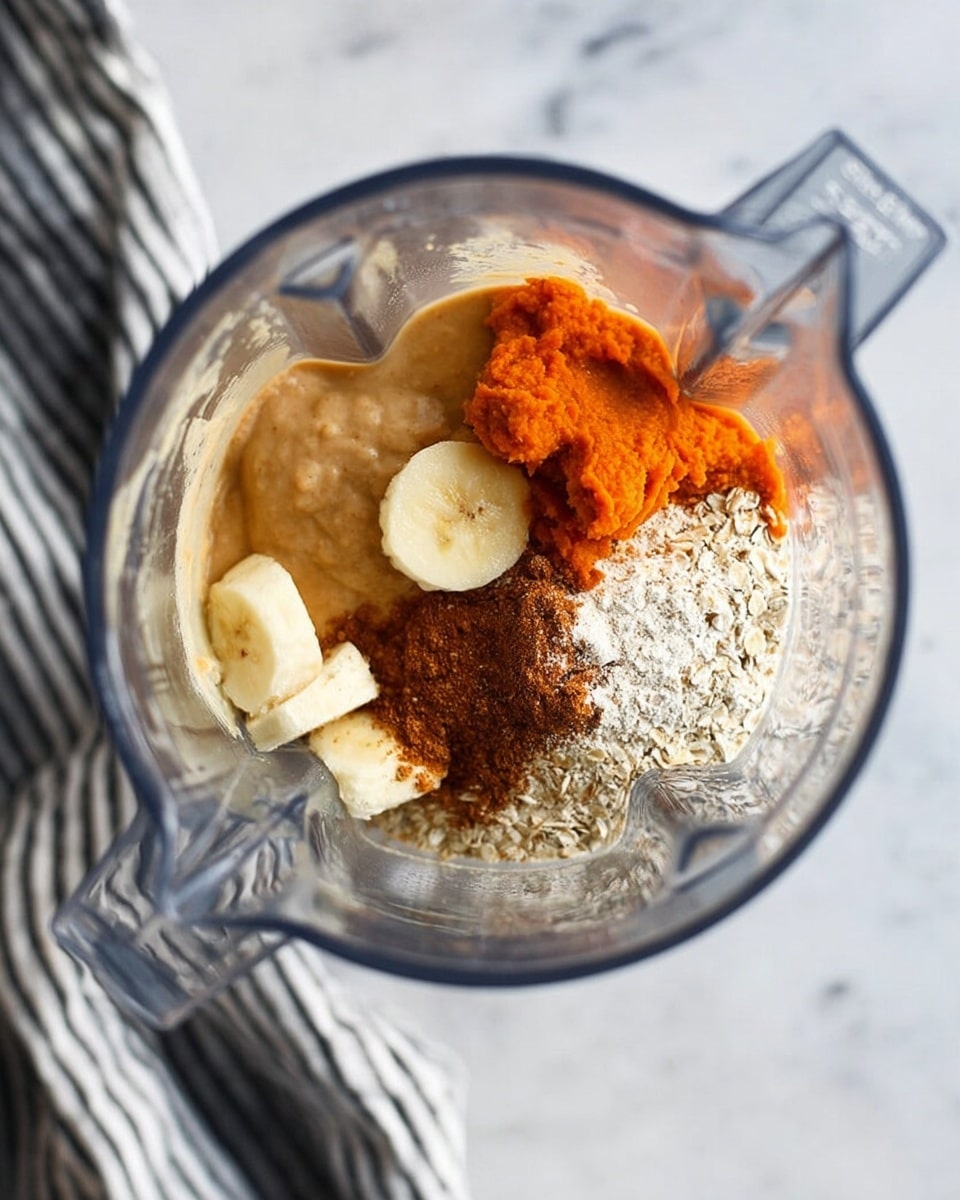 The image shows seven small white bowls and a glass container placed on a white marbled surface. Starting from the top right, there is a bowl with thick white yogurt, below it is a bowl of light beige flour mixture, and to the left of that is a bowl with a light brown powder spice. In the center is a bowl filled with smooth brownish peanut butter, above it is a bowl holding bright orange mashed pumpkin. To the top left is a peeled banana sliced into rounds but still resting inside the peeled banana skin. Next to it, a bowl holds several large clear ice cubes, and at the bottom left, a glass container is filled with milk. Photo taken with an iphone --ar 4:5 --v 7
