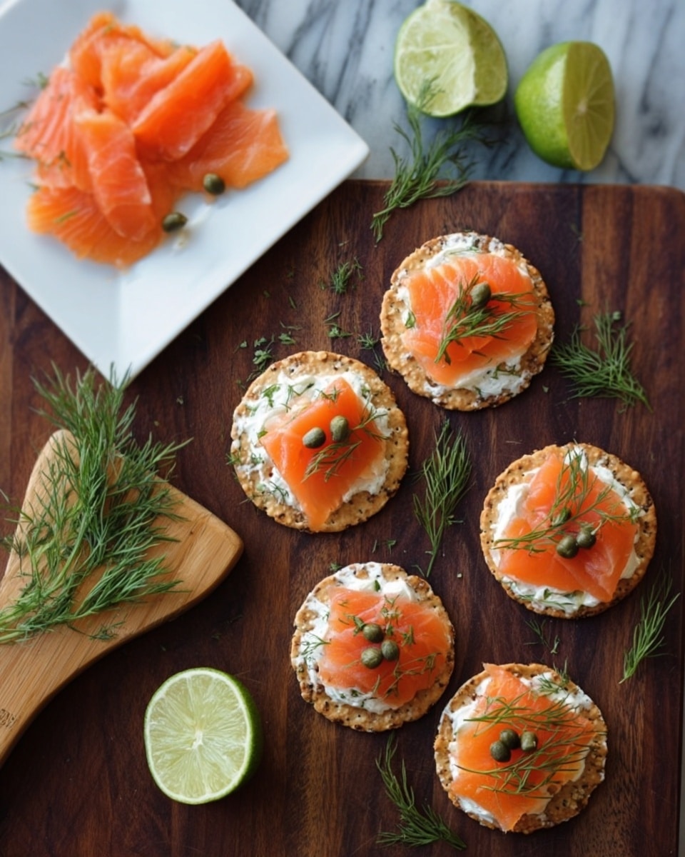 The image shows six round crackers arranged on a dark wooden surface, each topped with a white creamy spread, a bright orange thin slice of salmon, a few small green capers, and a small sprig of fresh dill. To the left, three similar crackers with the same toppings are placed on a small brown wooden cutting board. At the top left, there is a white square plate with several slices of orange salmon and a half lime placed on it. Another half lime is on the wooden surface near the crackers, with some fresh dill sprigs scattered around. The background has a white marbled texture. Photo taken with an iphone --ar 4:5 --v 7