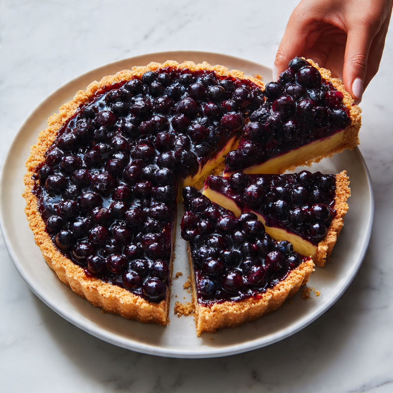 The image shows a thick slice of cheesecake with three clear layers on a white plate over a white marbled surface. The bottom layer is a thick golden brown crumbly crust. The middle layer is a creamy pale beige cheesecake with visible swirls and chunks of dark blueberries inside. The top layer is a glossy dark purple blueberry topping with whole shiny blueberries piled high, some juice dripping down the sides onto the plate. A silver spatula is under the slice, lifting it slightly, with a few blueberries and syrup spilled nearby. Photo taken with an iphone --ar 4:5 --v 7