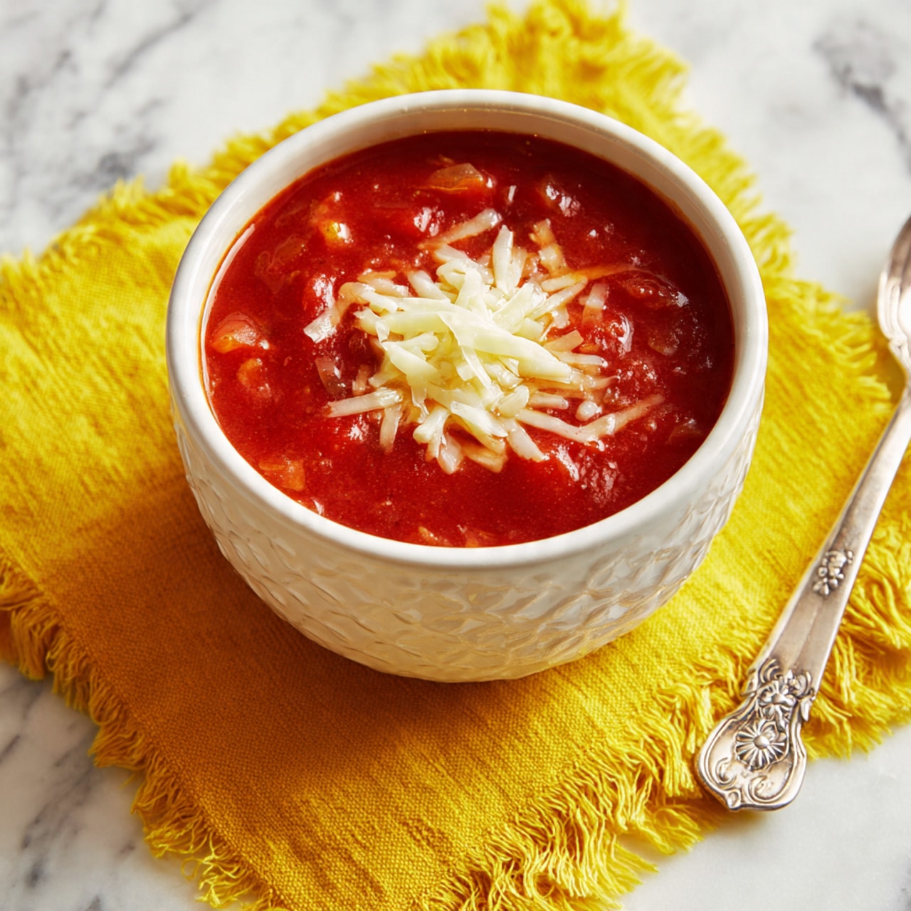 A white bowl with a raised floral pattern holds two main layers: a thick red tomato soup with visible chunks of tomato and small bits of herbs, topped with a small pile of white shredded cheese in the center. The bowl sits on an orange textured cloth with fringes, and a silver floral-patterned spoon rests beside it. The background has a white marbled texture. Photo taken with an iphone --ar 4:5 --v 7