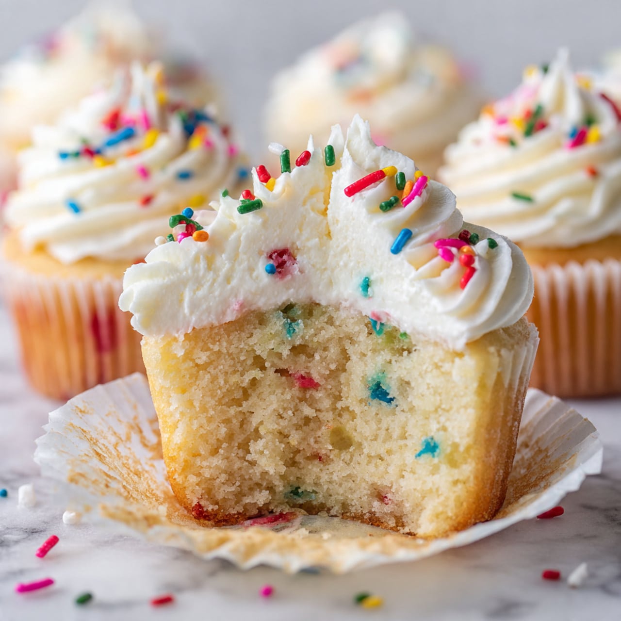 A close-up view of a single vanilla cupcake in a white paper liner, topped with three thick, soft swirls of pale cream-colored frosting being piped from a metal tip. The cupcake is golden brown and has a slightly textured surface visible beneath the smooth frosting layers. The scene shows blurred similar cupcakes in the background with a white marbled surface beneath them. Photo taken with an iphone --ar 4:5 --v 7
