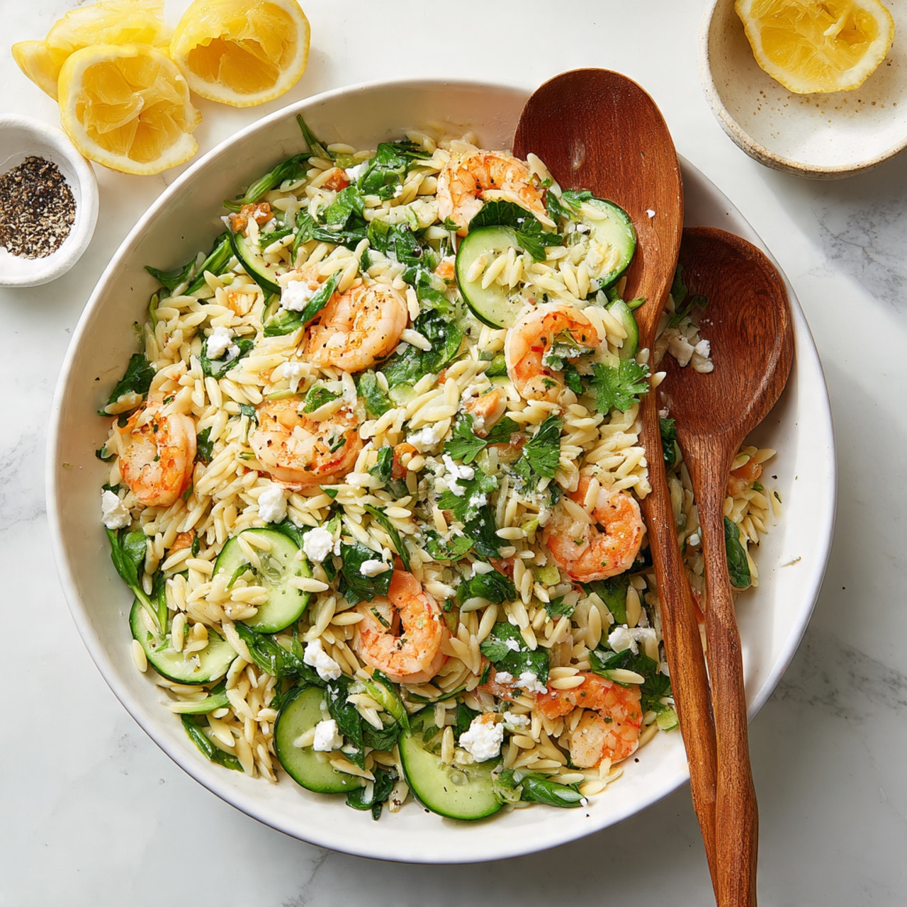 A large white bowl filled with a fresh pasta salad showing about four layers: at the bottom, pale yellow orzo pasta, mixed with bright green leafy spinach and thin slices of light green cucumber; scattered on top are small pink shrimp with light seasoning, along with white crumbled cheese and some fresh green herbs like dill and parsley; two wooden spoons stand upright in the bowl; the bowl sits on a white marbled surface with a small plate of lemon wedges blurred in the background and part of a white plate with more pasta salad on the bottom left; photo taken with an iphone --ar 4:5 --v 7