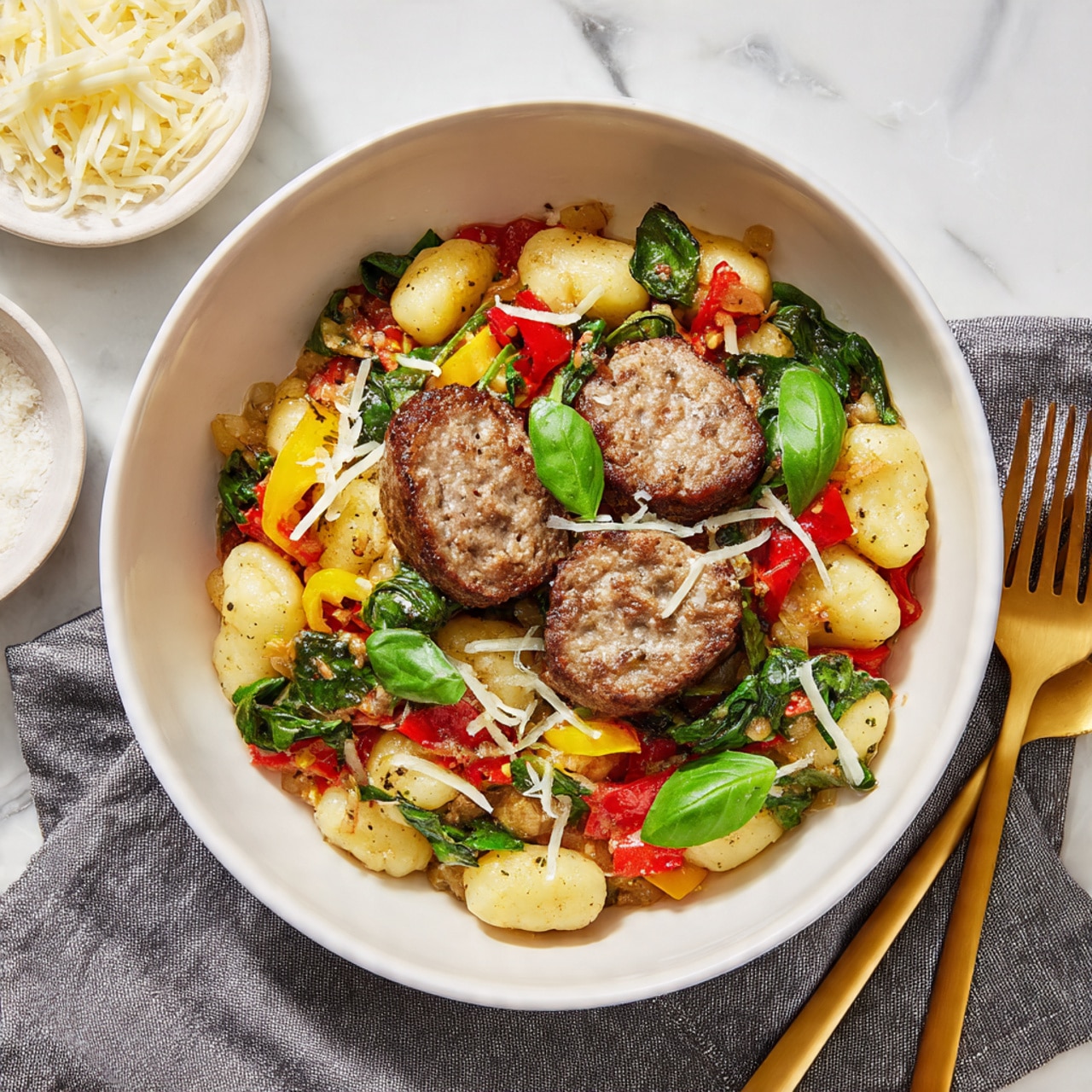 A black baking tray filled with a colorful mix of ingredients layered together, starting with small, soft gnocchi as the base, scattered with chunks of red and yellow bell peppers and wilted green spinach leaves. On top, pieces of browned sausage add a rich, dark brown color, spaced evenly across the tray. There are bits of red onion and diced tomatoes spread throughout, adding more splashes of red and purple. The dish is sprinkled with grated Parmesan cheese and fresh green basil leaves, both finely scattered across everything. The tray sits on a white marbled surface with a few fresh basil leaves around it, and a gray cloth is partly visible to one side. photo taken with an iphone --ar 4:5 --v 7