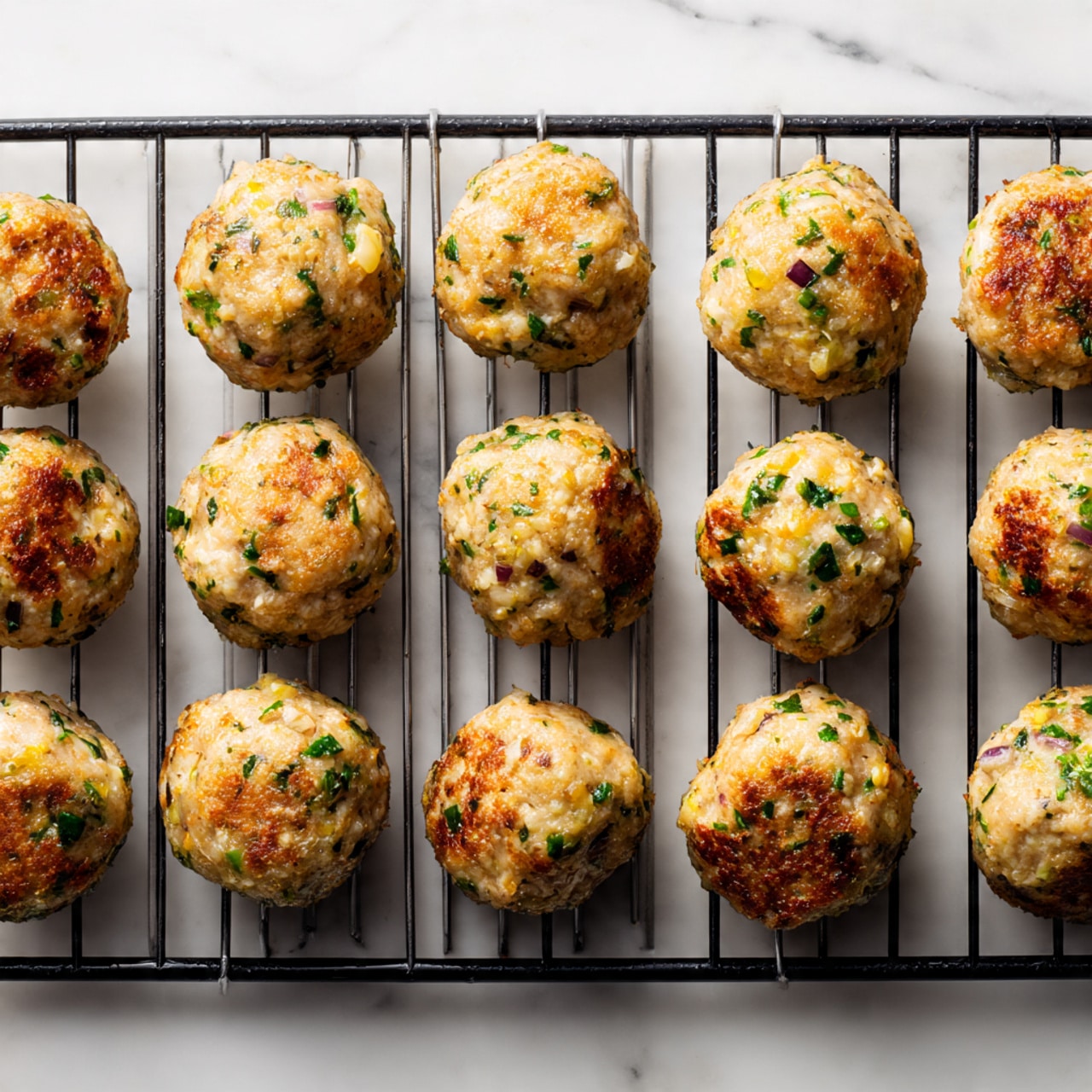 The image shows a round white plate with eight golden-brown meatballs that have a slightly rough texture with small green herb pieces inside. One meatball is split open at the front, showing a light, uneven inside with small bits visible. Each meatball is topped with small dollops of white creamy sauce, and sprinkled with finely chopped green herbs. The plate sits on a white marbled surface with some loose bits of herbs scattered around. photo taken with an iphone --ar 4:5 --v 7