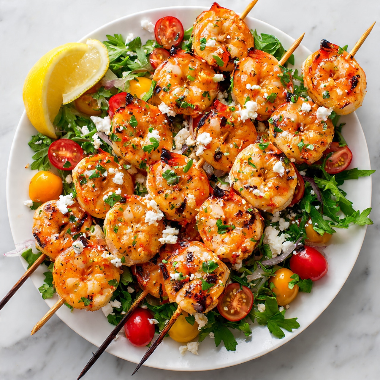 The image shows several skewers with grilled shrimp arranged on a white oval plate with a brown rim, placed on a white marbled surface. Each skewer holds about five shrimp, which are orange and white with charred grill marks and seasoned with herbs. Fresh green parsley leaves are scattered over the shrimp for garnish. At the bottom right of the plate, there is a small round terracotta bowl filled with a creamy white sauce, topped with small sprigs of fresh dill. The overall presentation looks fresh and appetizing. photo taken with an iphone --ar 4:5 --v 7