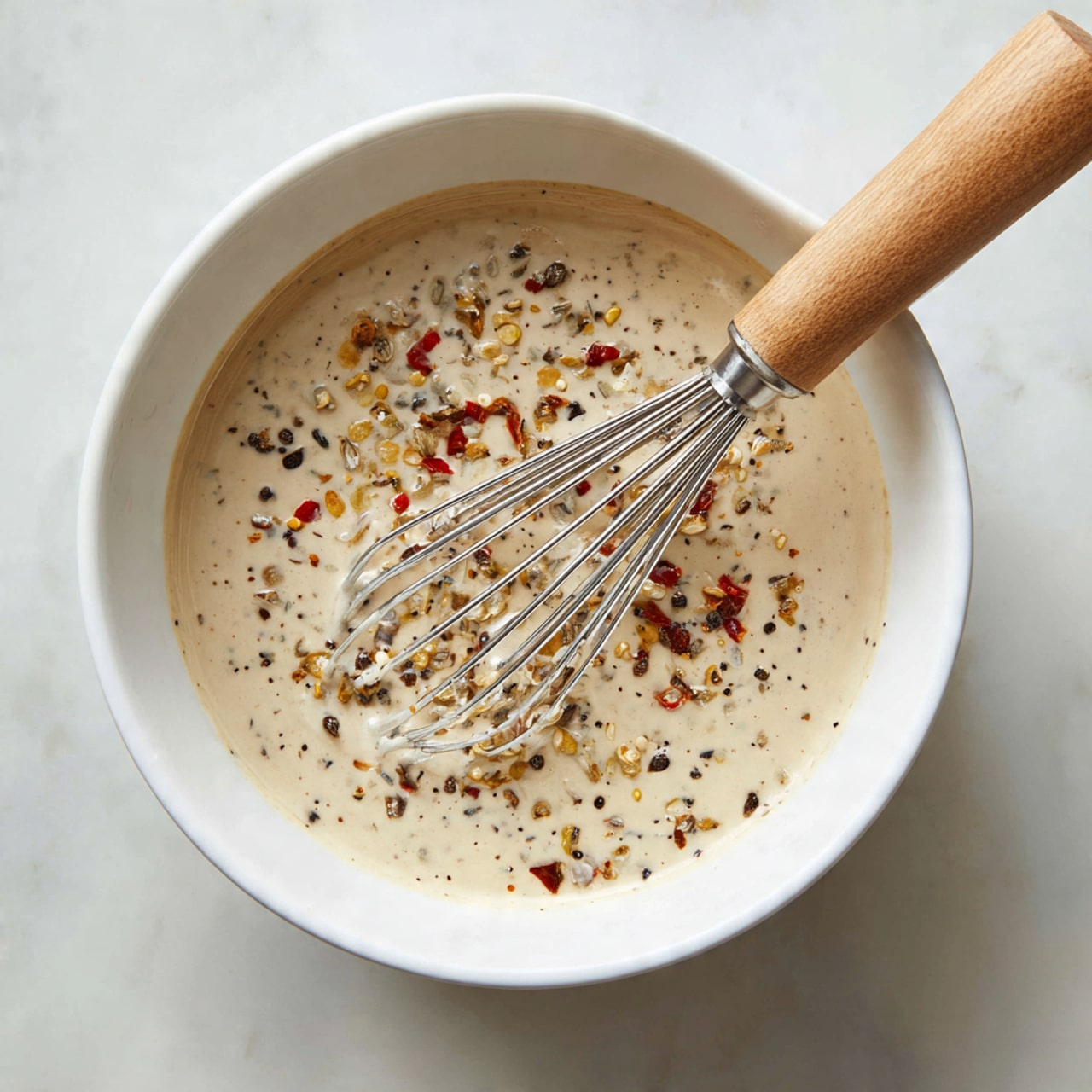 A white bowl filled with a creamy beige liquid mixed with small specks of black pepper, red chili flakes, and brown cumin seeds floating on the surface. A metal whisk with a wooden handle rests inside the bowl slightly tilted to the right, partly submerged in the mixture. The bowl sits on a white marbled surface beneath soft lighting, giving a clear view of the spices suspended in the creamy liquid. photo taken with an iphone --ar 4:5 --v 7
