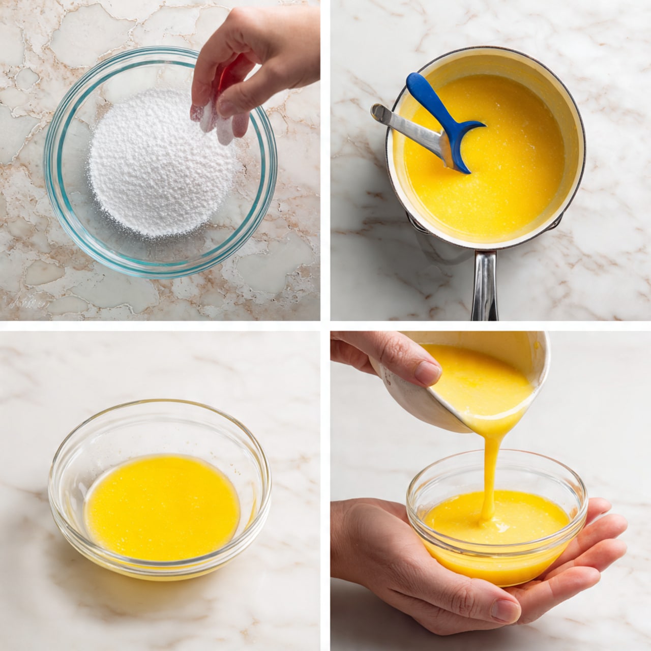 A close-up of a stainless steel pot filled with smooth, thick golden-yellow sauce. A black silicone spatula with a wooden handle lifts some of the sauce, showing its creamy texture. The pot is placed on a white marbled surface. Photo taken with an iphone --ar 4:5 --v 7