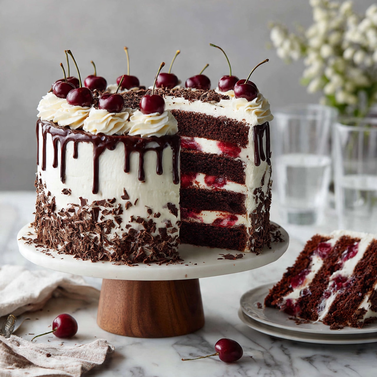 A three-layer tall cake with smooth white cream all around, decorated with dark chocolate shavings circling the bottom edge. The top edge has a dark chocolate drip that flows unevenly down the sides. On top, there are eight white cream swirls evenly spaced near the edge, each topped with a dark red cherry with stem. The center of the top is sprinkled with more dark chocolate shavings. The cake sits on a round wooden cake stand. In front of the stand, there is a white marbled surface with a small glass vase holding tiny white flowers on the right side, and a beige cloth with lace pattern and a rolling pin on the left side. Photo taken with an iphone --ar 4:5 --v 7