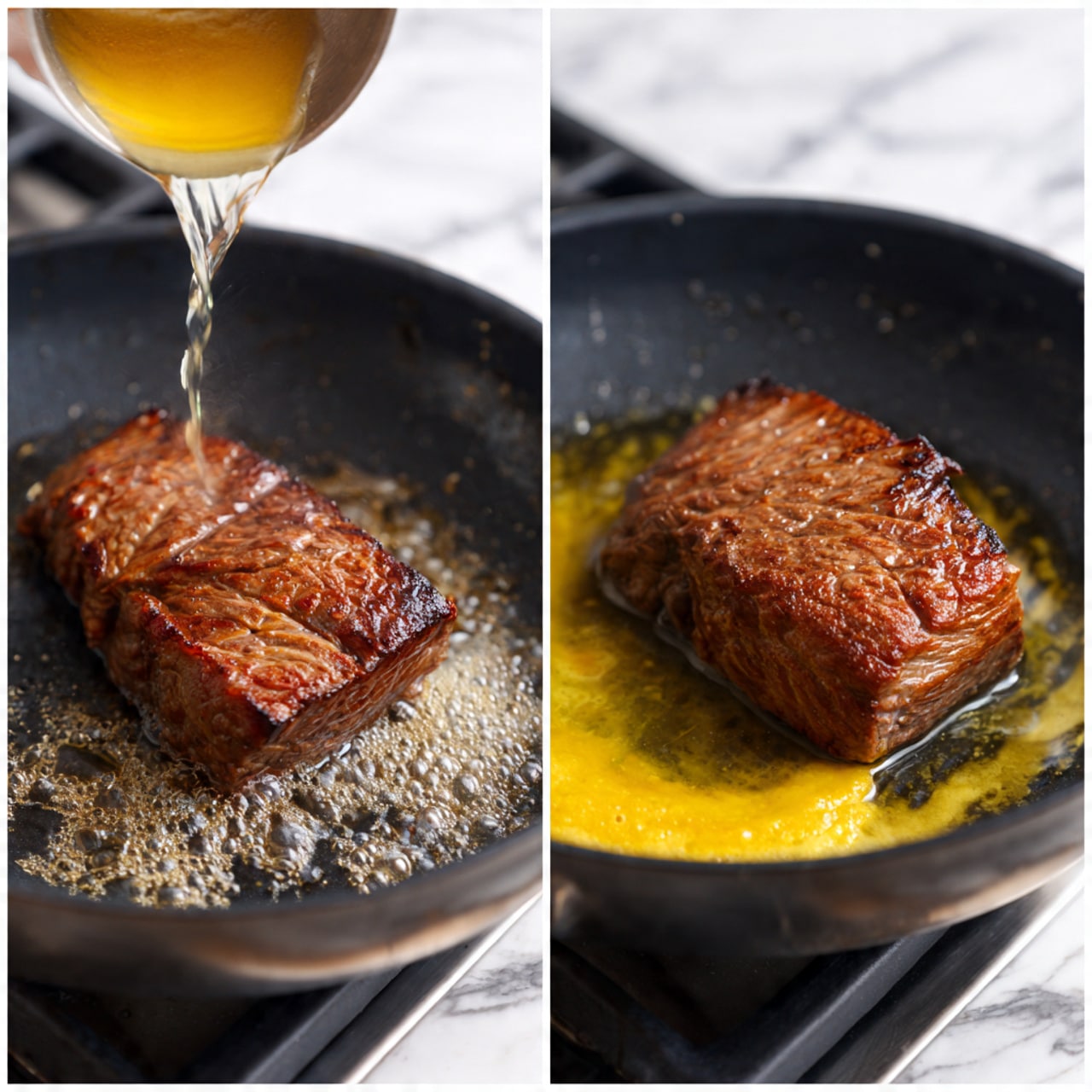 The first image shows two pieces of golden brown cooked meat with a slightly crispy texture, placed side by side in a black frying pan on a gas stove; the meat has darker spots indicating a well-cooked surface with a warm yellow corn tortilla on the stove nearby. The second image shows a close-up of the same black frying pan with foaming melted butter bubbling around the edges and a clear liquid being poured into the center, creating a swirling effect in the pan. The background is a white marbled texture. Photo taken with an iphone --ar 4:5 --v 7