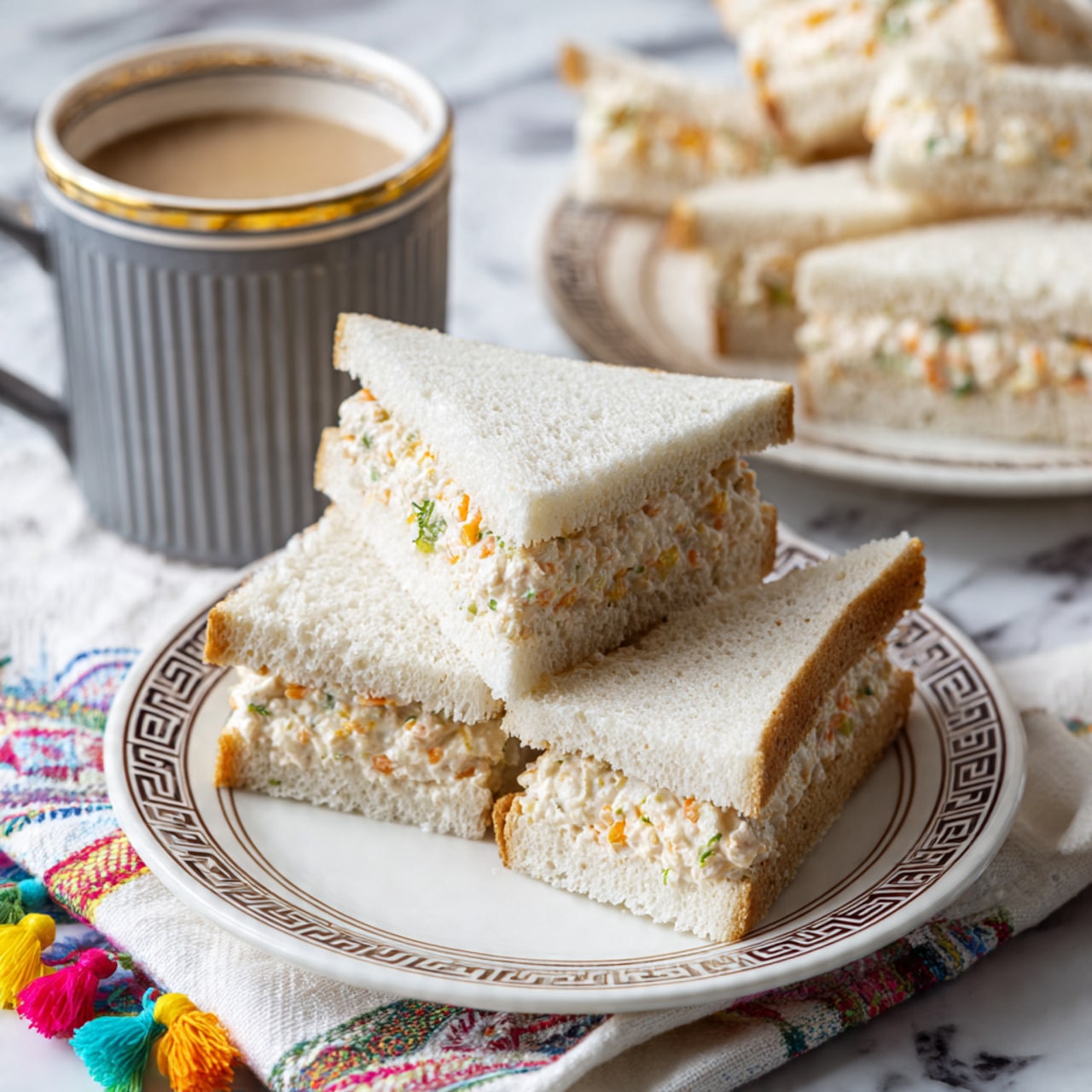 The image shows a clear container filled with shredded light tan chicken pieces, placed on a white marbled surface. To the upper right of the container is a white bowl holding a thick pale beige cream. Below the container, there are two small round dishes, one with white salt and the other with black pepper, along with a small clear glass of white milk. At the bottom of the image, two fresh green chili peppers rest side by side. The overall setting is neat and organized, with soft natural lighting. photo taken with an iphone --ar 4:5 --v 7
