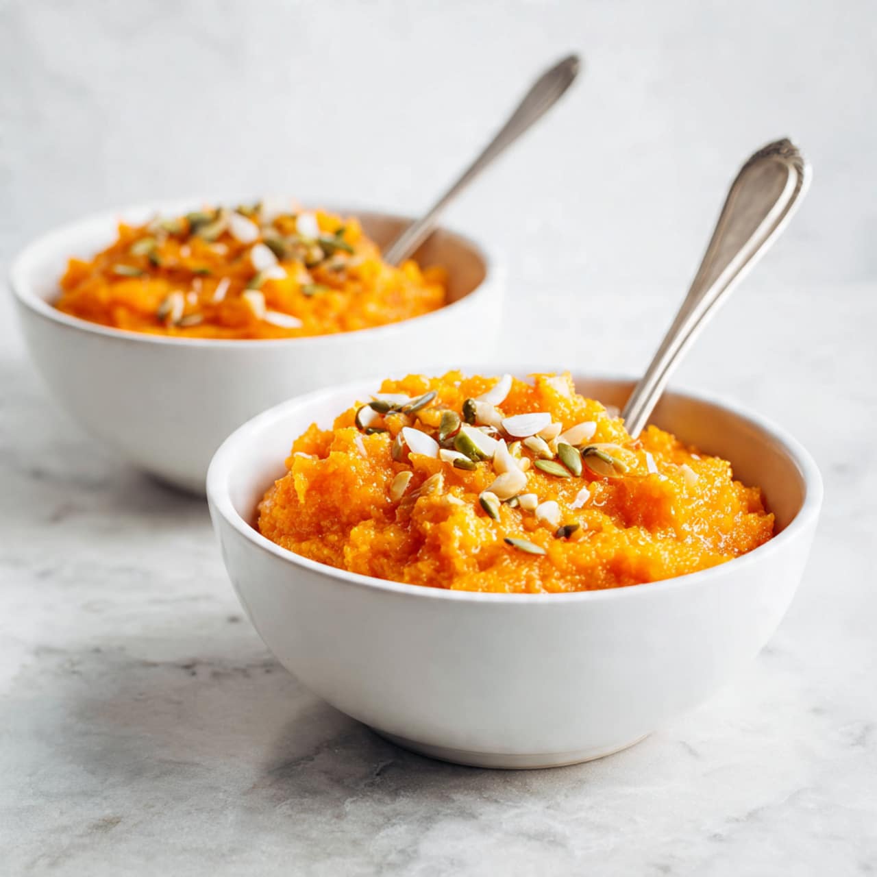 A close-up top view of a round light brown pan with green handles, filled with a thick layer of bright orange shredded carrots that cover the entire surface. A wooden spatula with a light blue silicone head rests on the carrots, slightly pressing down on them. The pan sits on a white marbled background, simple and clean. photo taken with an iphone --ar 4:5 --v 7