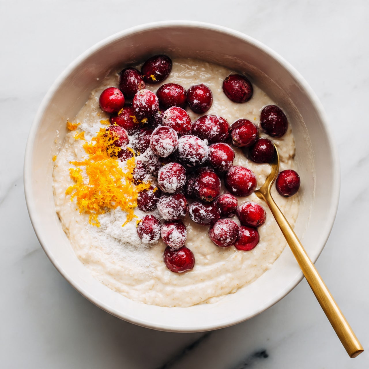 The image shows a baked dessert in a metal square pan lined with light brown parchment paper. The dessert has one visible layer, a golden-brown cake base topped with a thick, crumbly, dark brown streusel layer mixed with chopped pecans evenly spread on top. The pan is placed on a white marbled surface with a few scattered fresh red cranberries and a wooden bowl filled with more cranberries in the top right corner. A yellow textured cloth with fringed edges is partially visible in the top left corner. Photo taken with an iphone --ar 4:5 --v 7