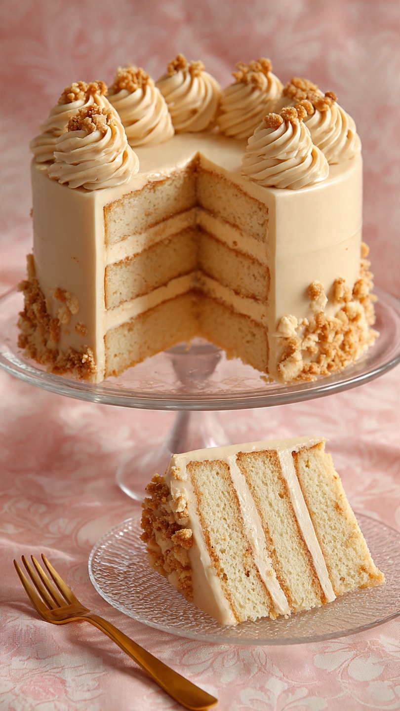 The cake is round and has two main layers covered with light brown frosting that looks smooth yet slightly textured. Around the bottom edge, there is a thick band of crumbly, darker brown crumbs pressed against the frosting. On the top, there are twelve swirls of the same light brown frosting evenly placed in a circle, each topped with small bits of crumb. The cake sits on a clear glass stand with detailed edges, placed on a soft pink fabric with a subtle floral pattern over a white marbled texture. Nearby, a small clear glass plate holds four gold forks, and a gold spoon is partly visible on the lower right side. Photo taken with an iphone --ar 4:5 --v 7