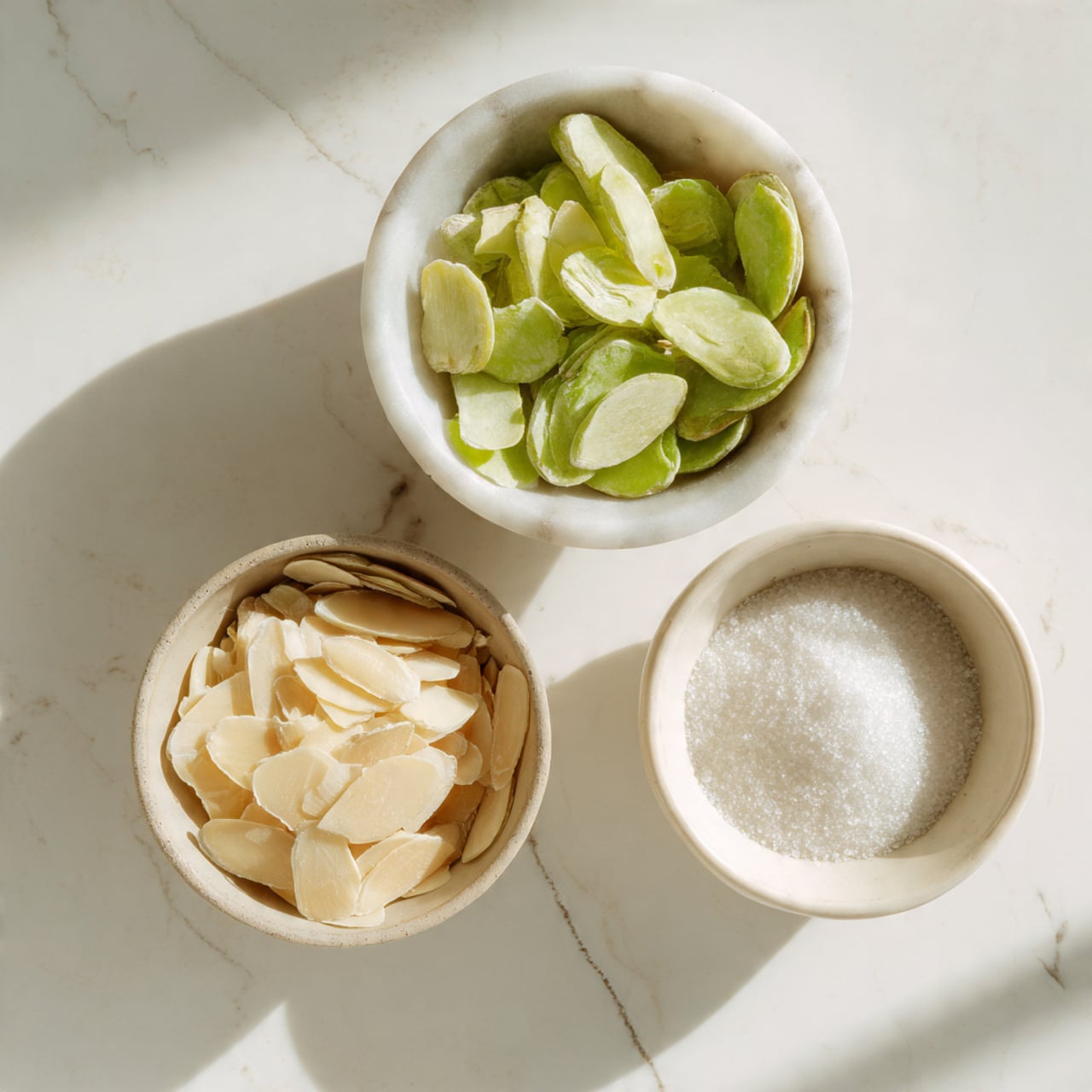 The dish shows a rectangular-shaped white dessert with a smooth and creamy texture, sliced into three thick pieces. It has a thick layer of crushed green and yellow crumbs sprinkled evenly on top, giving a rough texture contrast to the smooth base. The dessert rests on white parchment paper over a white marbled surface, with some crumbs scattered around. In the corner, there is a clear glass bowl filled with the same crumb topping. The lighting is bright and soft, highlighting the fresh and clean look of the dessert. Photo taken with an iphone --ar 4:5 --v 7