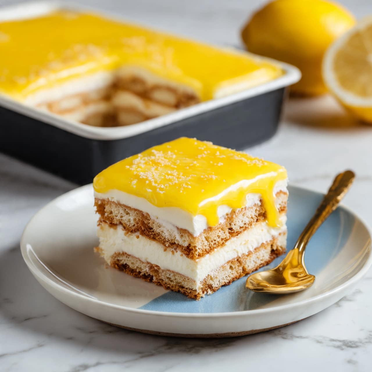 The image shows a slice of a layered dessert on a white plate with a light blue section. The dessert has three layers: the bottom layer is soft, light beige biscuits, the middle layer is thick and white cream, and the top layer is a smooth, bright yellow glaze that drapes over the sides slightly. A gold spoon lies on the plate next to the dessert. In the background, the remaining dessert sits in a black pan on a white marbled surface, with a yellow lemon partially visible on the right side. Photo taken with an iphone --ar 4:5 --v 7