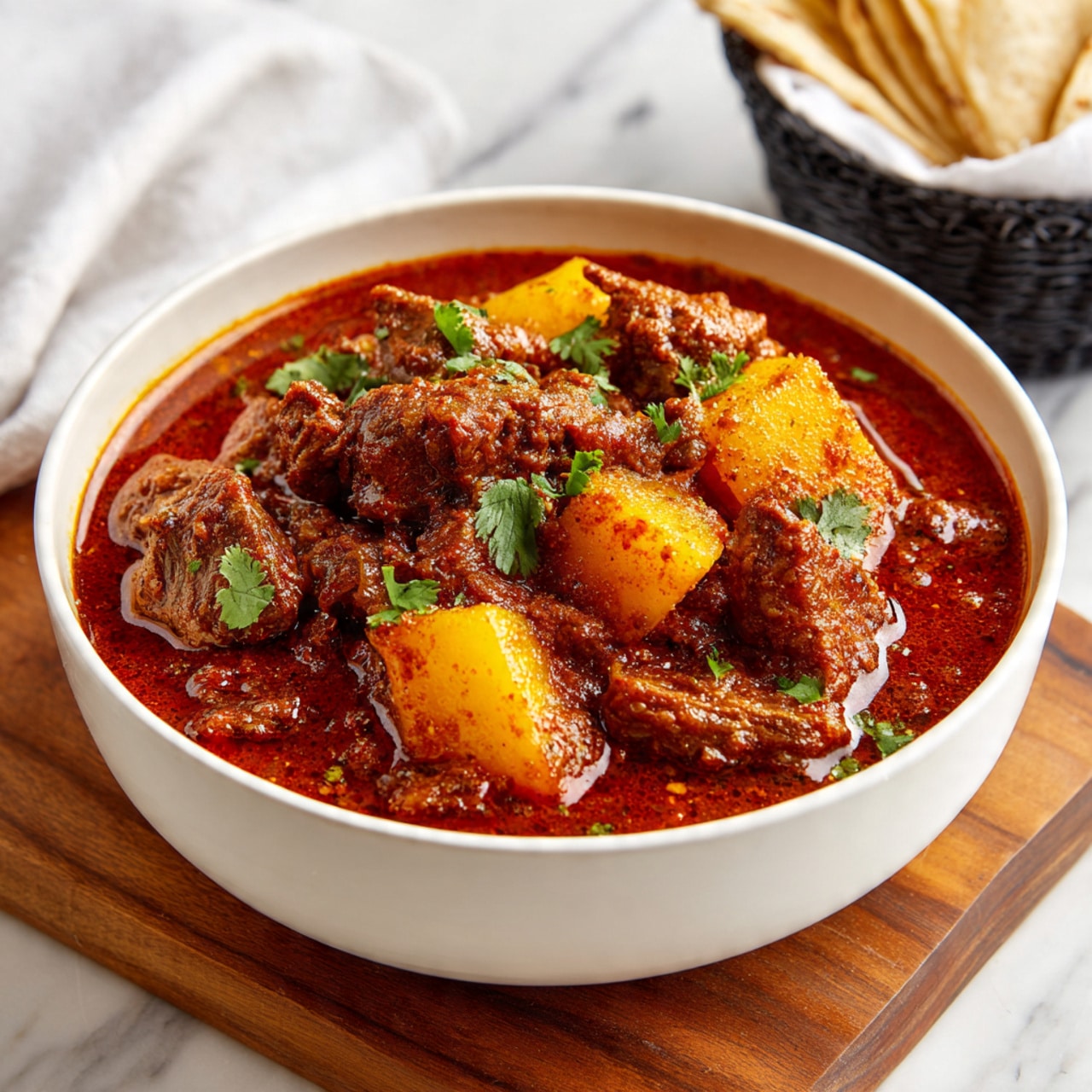 A close-up of a white pot filled with rich red-orange soup, containing several large yellow chunks of potatoes, tender brown pieces of meat scattered throughout, and small bright green slices of chili peppers floating on the surface. Fresh green chopped herbs are sprinkled generously over the soup, adding a pop of color. A large silver ladle lifts a portion of the soup showing a yellow potato piece and some meat, all coated in the vibrant, oily broth with visible spices. The soup looks thick with oily specks and textured with herbs and spices, set against a white marbled background. photo taken with an iphone --ar 4:5 --v 7