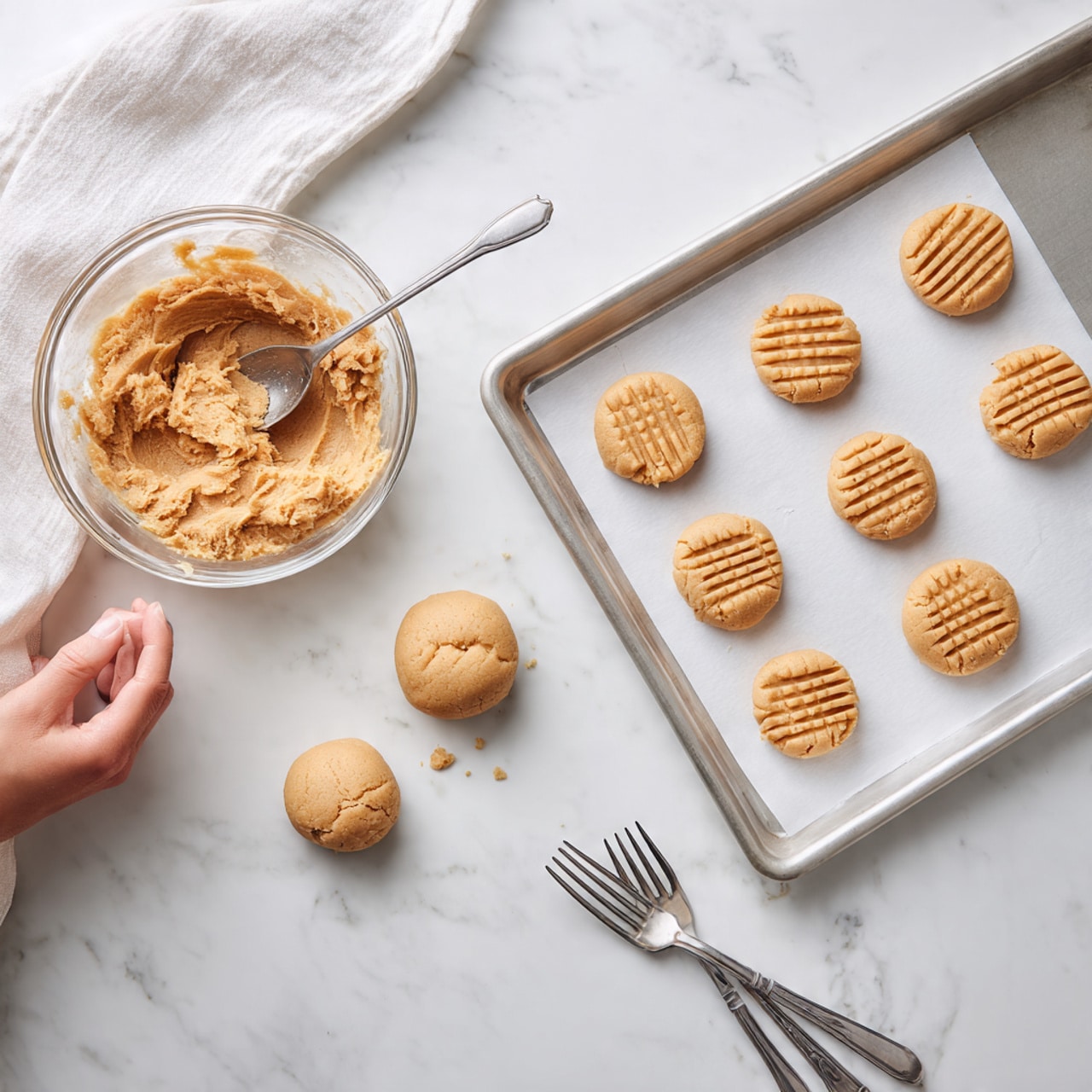 The image shows a baking scene on a white marbled surface. On the left side, there is a clear glass bowl filled with light brown, soft cookie dough with a large metal spoon inside. Near the center, there are two round balls of cookie dough on a piece of white parchment paper. Above them is a silver metal baking tray holding six flattened cookie dough shapes with a crisscross pattern pressed with a fork on top. To the right side of the parchment paper are two silver forks placed on the surface. Part of a woman’s hand is visible near the top left corner, gently pulling back a white cloth. photo taken with an iphone --ar 4:5 --v 7