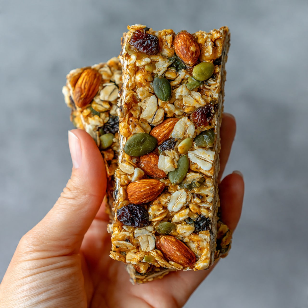 The image shows a square white tray lined with crumpled white parchment paper holding multiple rectangular granola bars stacked neatly. Each bar has a mix of visible layers including oats, whole almonds, dark raisins, and green pumpkin seeds, creating a textured and colorful appearance with brown, beige, green, and dark accents. On top of the bars, there are two pink and yellow plumeria flowers adding a fresh and vibrant touch. The tray sits on a white marbled surface with some scattered oats and almonds around it. Photo taken with an iphone --ar 4:5 --v 7