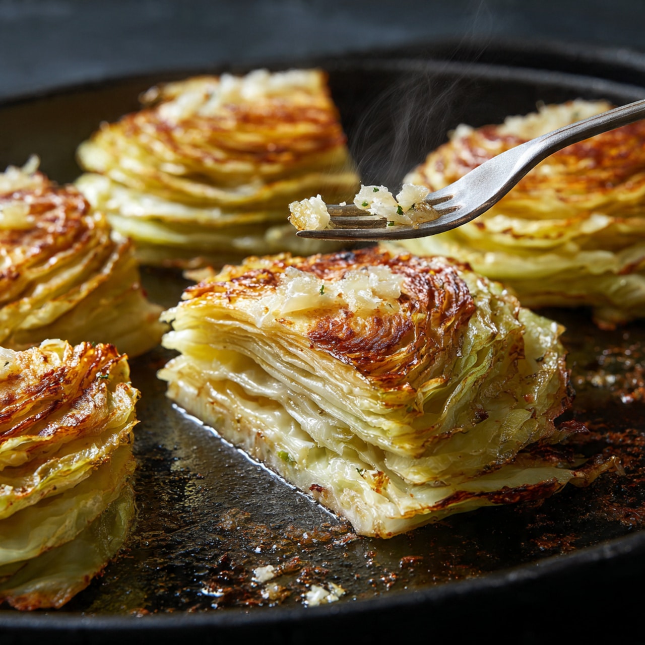 The image shows slices of grilled cabbage layered flat on a dark pan with a slightly crispy, brownish-golden texture on the edges. Each cabbage slice has multiple pale yellow to white layers, with the outer leaves slightly curled and charred. The center is topped with small white minced pieces, likely garlic, adding a texture contrast. A fork is seen holding one slice delicately, with visible steam rising, suggesting it is hot and freshly cooked. The pan surface is shiny with oil and browned bits from grilling. photo taken with an iphone --ar 4:5 --v 7