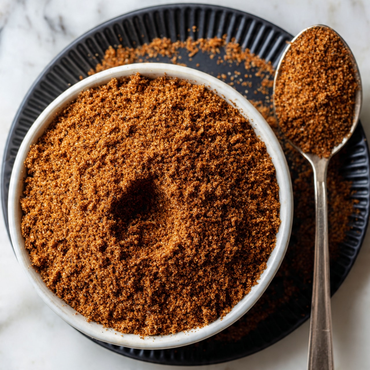 A black bowl sits on a white marbled surface, filled with layers of spices arranged in a circle. The outer edge has small round light brown seeds, followed by a thick ring of bright orange-red powder, then a wide area of light brown powder sprinkled with small chunks of white crystals. A thin bronze spoon rests inside, partly buried in the light brown powder in the center. Photo taken with an iphone --ar 4:5 --v 7