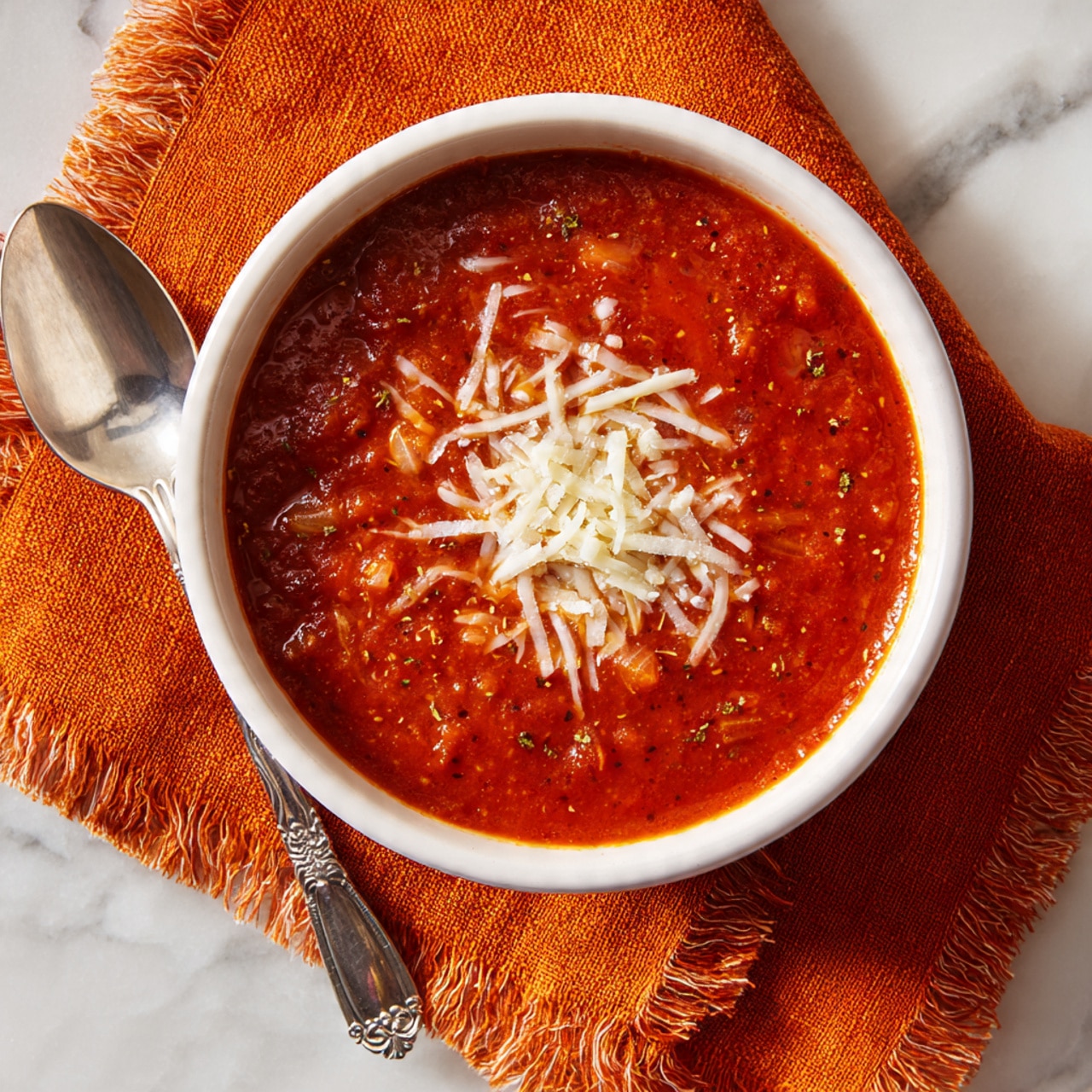 A white bowl filled with thick red tomato soup that has visible pieces of tomato and onion inside. The soup is topped with thin white shredded cheese placed in the center. The bowl sits on an orange cloth with frayed edges, on a white marbled surface. A silver spoon with an ornate handle is placed next to the bowl. photo taken with an iphone --ar 4:5 --v 7