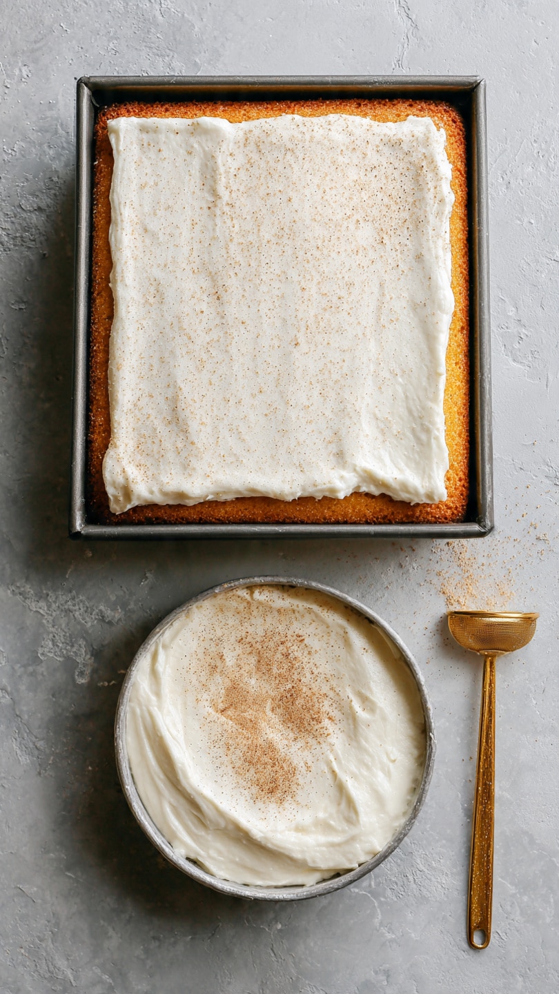 A rectangular cake with a golden brown bottom layer, sitting in a gray metal baking tray, is being covered with a thick, smooth layer of white frosting spread evenly on top. Next to it, the same tray shows an even layer of white frosting dusted with a light brown powder, being sprinkled through a small gold strainer. The white marbled texture background highlights the cake and frosting details. photo taken with an iphone --ar 4:5 --v 7