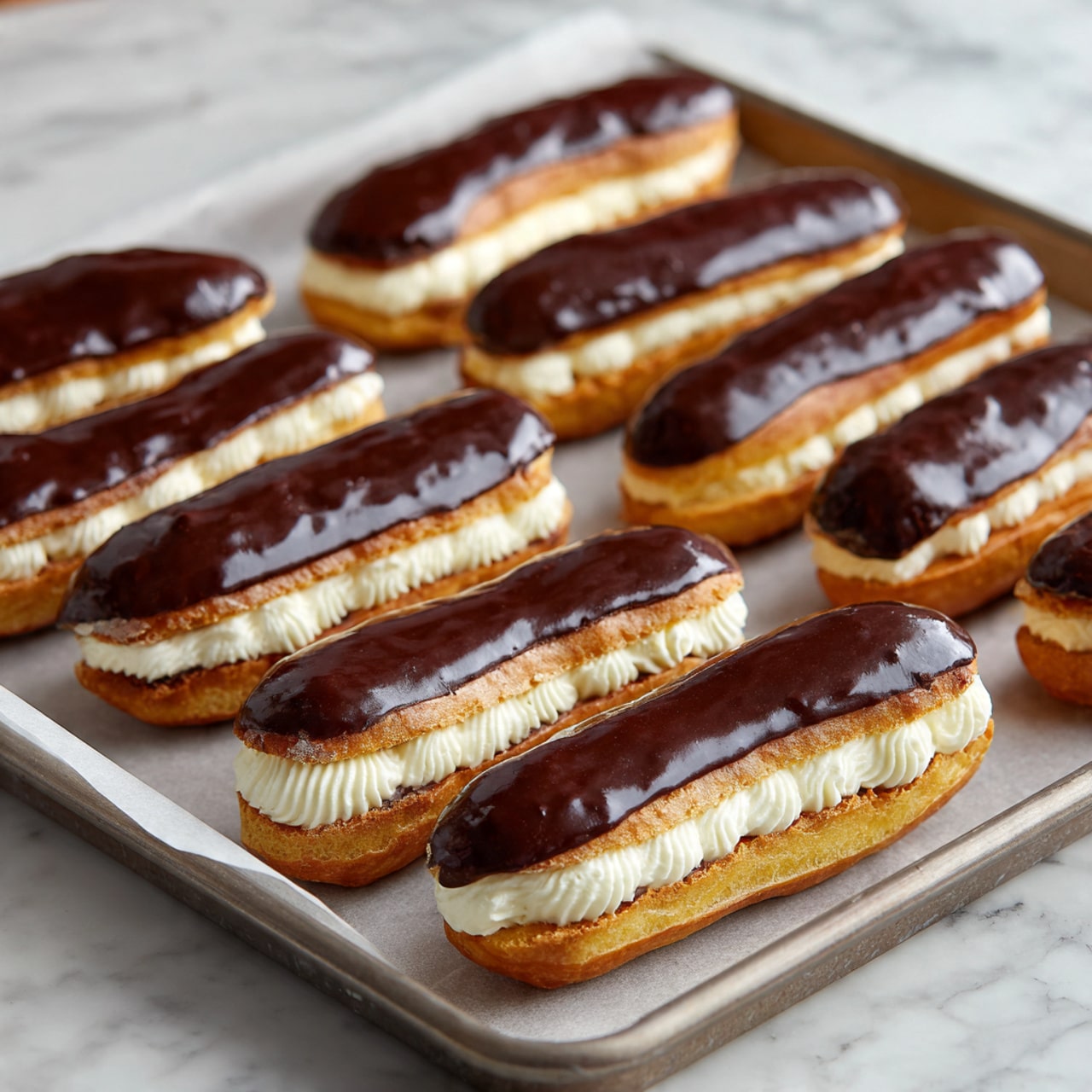The image shows several éclairs arranged on a white marbled surface. Each éclair has three main layers: the bottom layer is a light golden brown pastry with a slightly rough texture, the middle layer is thick white cream piped in swirls, and the top layer is a smooth, dark chocolate glaze that covers the length of the pastry. The éclairs are placed close to each other, with some in sharp focus and others softly blurred in the background, highlighting their creamy filling and shiny chocolate tops. photo taken with an iphone --ar 4:5 --v 7