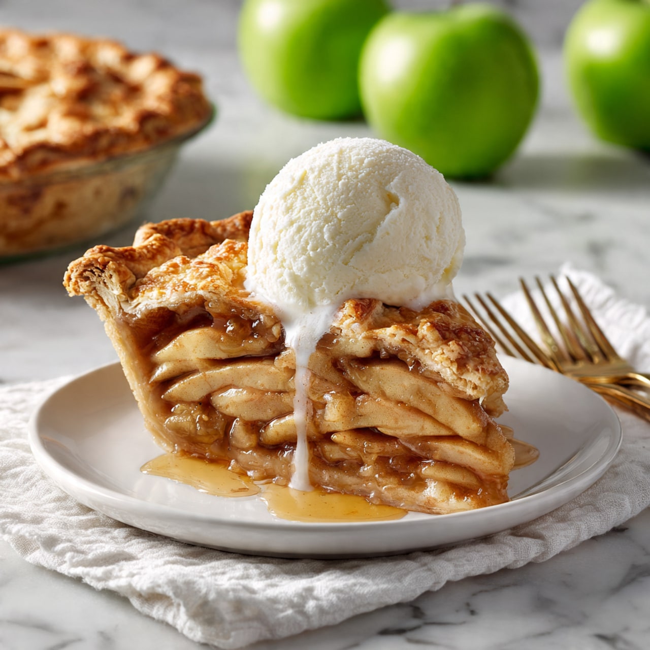 A slice of apple pie sits on a white plate with a thick, golden-brown crust folded over the edges. The pie filling has multiple layers of tender, caramel-colored apple slices stacked tightly, showing juicy texture and a slight shine from syrup. On top of the pie is a round scoop of melting vanilla ice cream, dripping gently down the warm pie. The plate is placed on a white marbled surface, with blurred green apples in the background and a portion of the remaining pie visible behind. Two forks lie beside a white textured cloth in the foreground. Photo taken with an iphone --ar 4:5 --v 7