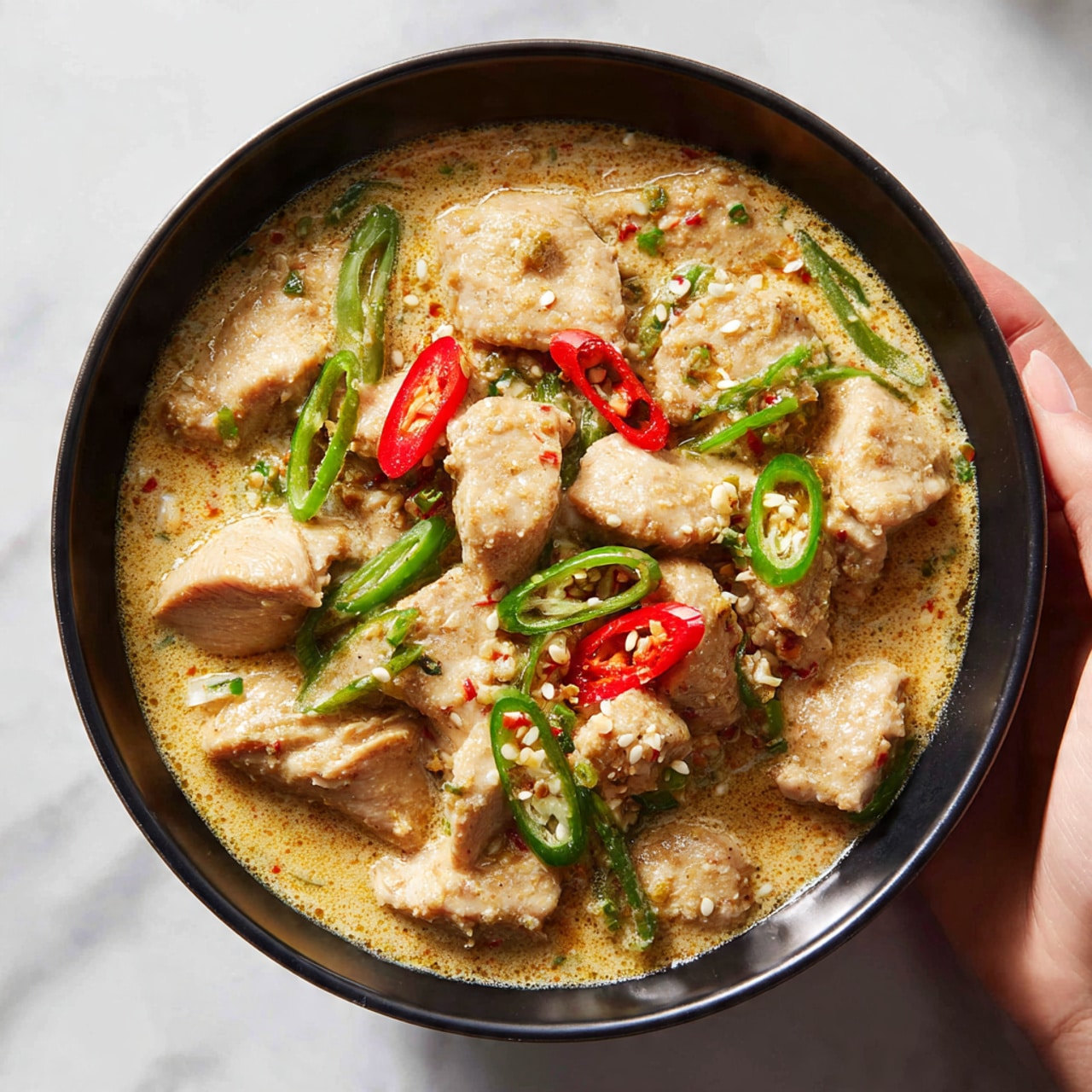 The image shows a close-up of a dish in a black bowl filled with creamy, light brown sauce mixed with pieces of cooked white meat and green sliced chili peppers. The sauce looks rich with a slightly oily surface, and the meat pieces are tender and well-coated with the sauce. Some chili slices are positioned on top, showing seeds and a fresh texture. A woman's hand is slightly blurred on the right side of the image near the bowl, with a soft white marbled surface in the background. Photo taken with an iphone --ar 4:5 --v 7