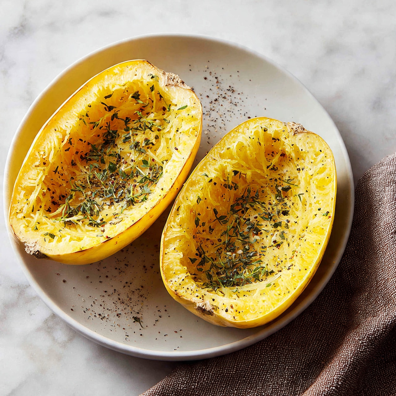A white bowl filled with a noodle dish showing two main layers: the bottom layer is a tangle of light golden noodles, and the top layer has pieces of light brown cooked meat mixed with wilted dark green leafy vegetables, with scattered small brown nuts and dark red slices of chili or sun-dried tomato. The food looks moist with some sauce coating the ingredients. The bowl sits on a white marbled surface next to a rough mustard yellow cloth. Another bowl with the same dish is blurred in the background. Photo taken with an iphone --ar 4:5 --v 7