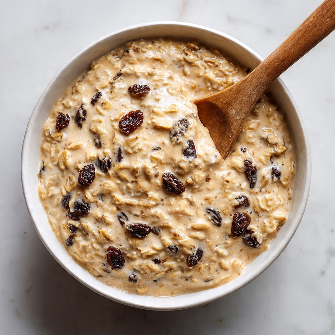 A close-up view of a creamy oatmeal dish with a thick texture, filled with scattered dark brown raisins throughout. The mixture is light tan in color with a slightly grainy surface showing the oats blended into the creamy base. A wooden spoon is partially dipped into the oatmeal from the right side of the white bowl, stirring the smooth, thick oatmeal. The bowl sits on a white marbled surface. photo taken with an iphone --ar 4:5 --v 7