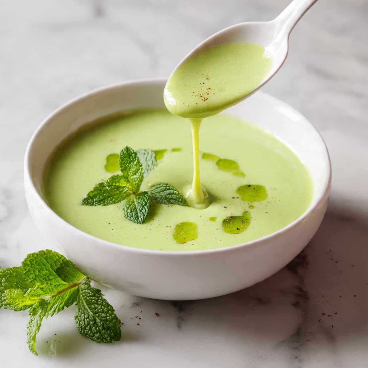 A white bowl filled with a creamy, light green sauce that has a smooth texture with visible small green herb bits mixed throughout. A gold spoon is resting inside the bowl, slightly stirring the sauce. Next to the bowl, there is a halved lemon showing its juicy yellow inside. The bowl and lemon sit on a white marbled surface, creating a clean and fresh look. photo taken with an iphone --ar 4:5 --v 7