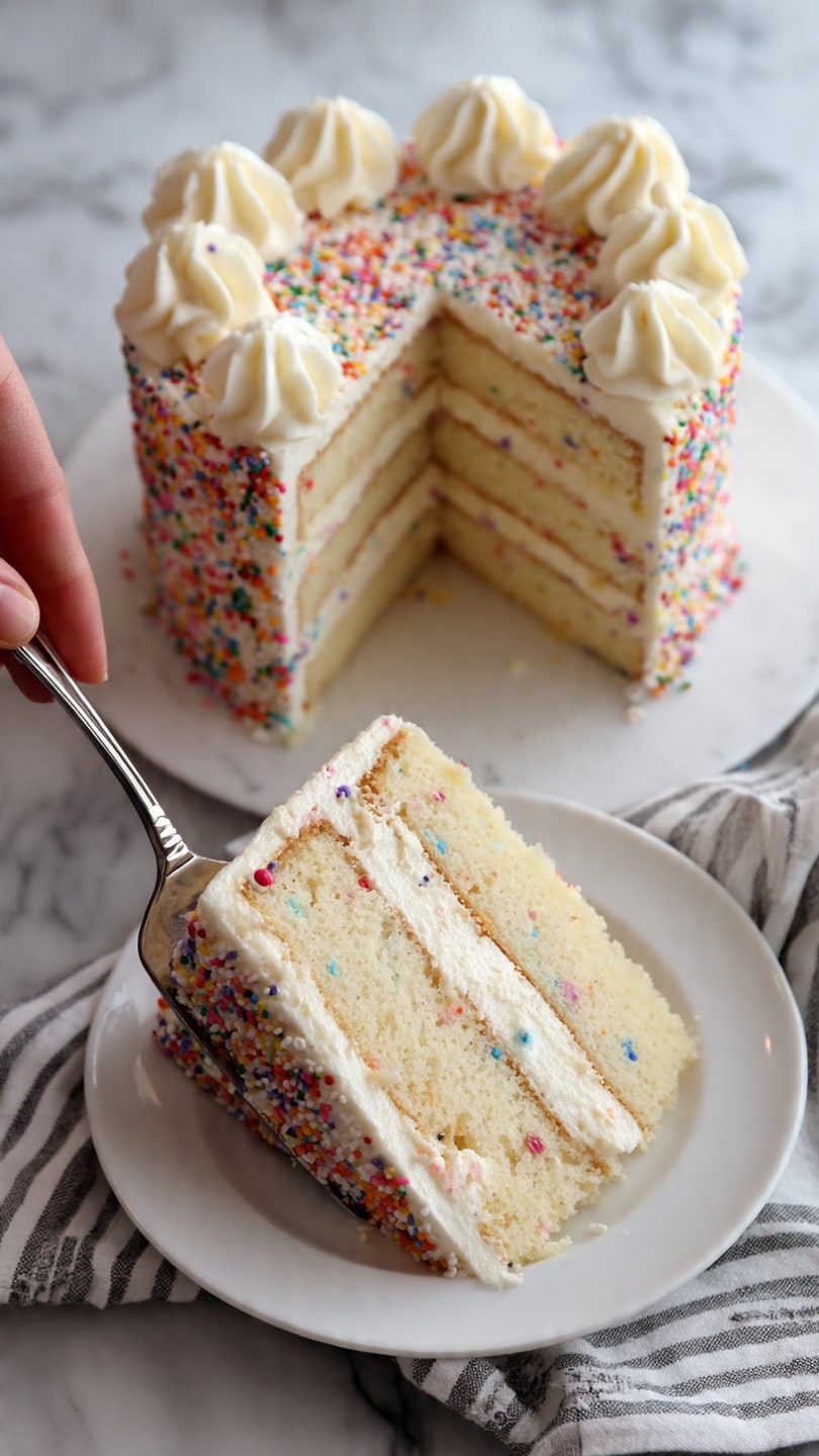 The image shows a tall, round cake fully covered in bright, multicolored small round sprinkles that create a rough texture all around. The cake has four swirls of smooth white cream evenly spaced on the top surface. The cake sits on a white plate and is placed on a white marbled surface with a soft blurred cloth in the background. The whole look is cheerful and festive, with the vibrant sprinkle colors standing out against the white cream and plate. Photo taken with an iphone --ar 4:5 --v 7