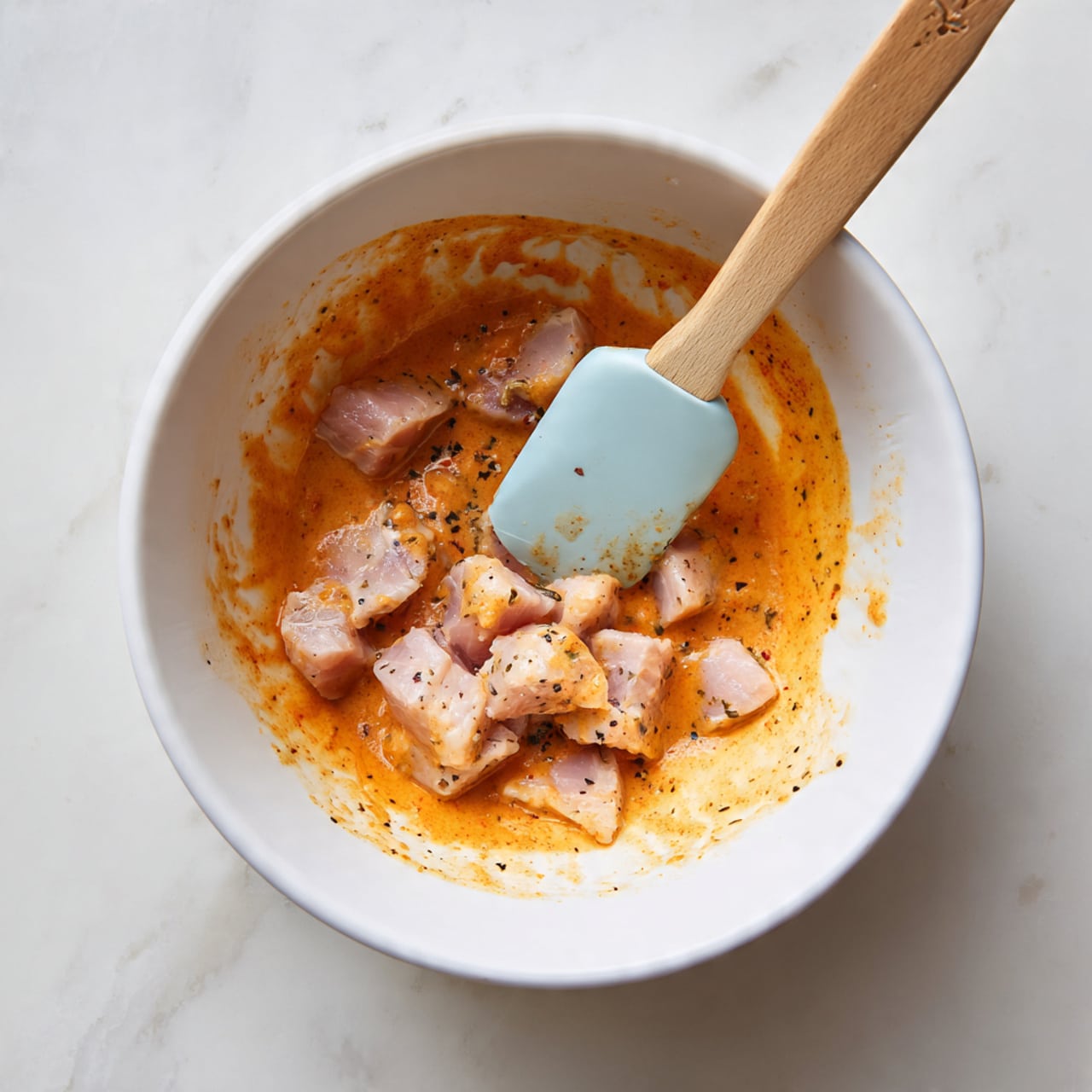 A white bowl sits on a white marbled surface, inside it are small pieces of light pink raw meat mixed with an orange sauce that looks smooth and slightly thick. The meat is covered in the sauce, with some black pepper sprinkled on top. A wooden spatula with a pale blue silicone head rests inside the bowl, leaning against the side. The bowl's inside edges show some light orange marks from the sauce. photo taken with an iphone --ar 4:5 --v 7