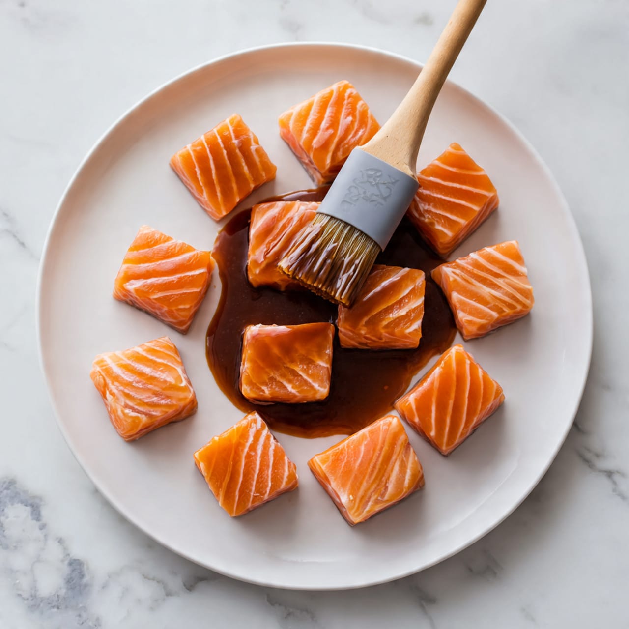 A close-up view of a pile of small, shiny, golden-brown glazed cubes stacked on a wooden board with a white marbled background. Each cube has a caramelized texture with dark grill marks and is sprinkled with black and white sesame seeds. Small green onion pieces are scattered throughout the pile, adding a fresh green contrast to the warm tones. The cubes look juicy and tender with a glossy coating that catches the light, showing a rich sauce glaze. Photo taken with an iphone --ar 4:5 --v 7