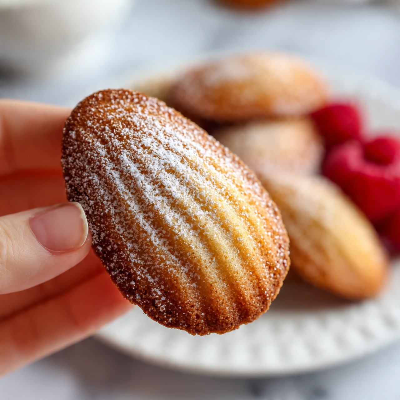 A white plate filled with many golden-brown madeleines, each with a slightly crispy, textured surface dusted lightly with powdered sugar. The madeleines are arranged mostly flat with a few leaning on each other, creating a layered effect. Scattered fresh red raspberries and small white flowers add bright pops of color among the baked treats. A few small green mint leaves give extra contrast, all placed on a white marbled surface. photo taken with an iphone --ar 4:5 --v 7