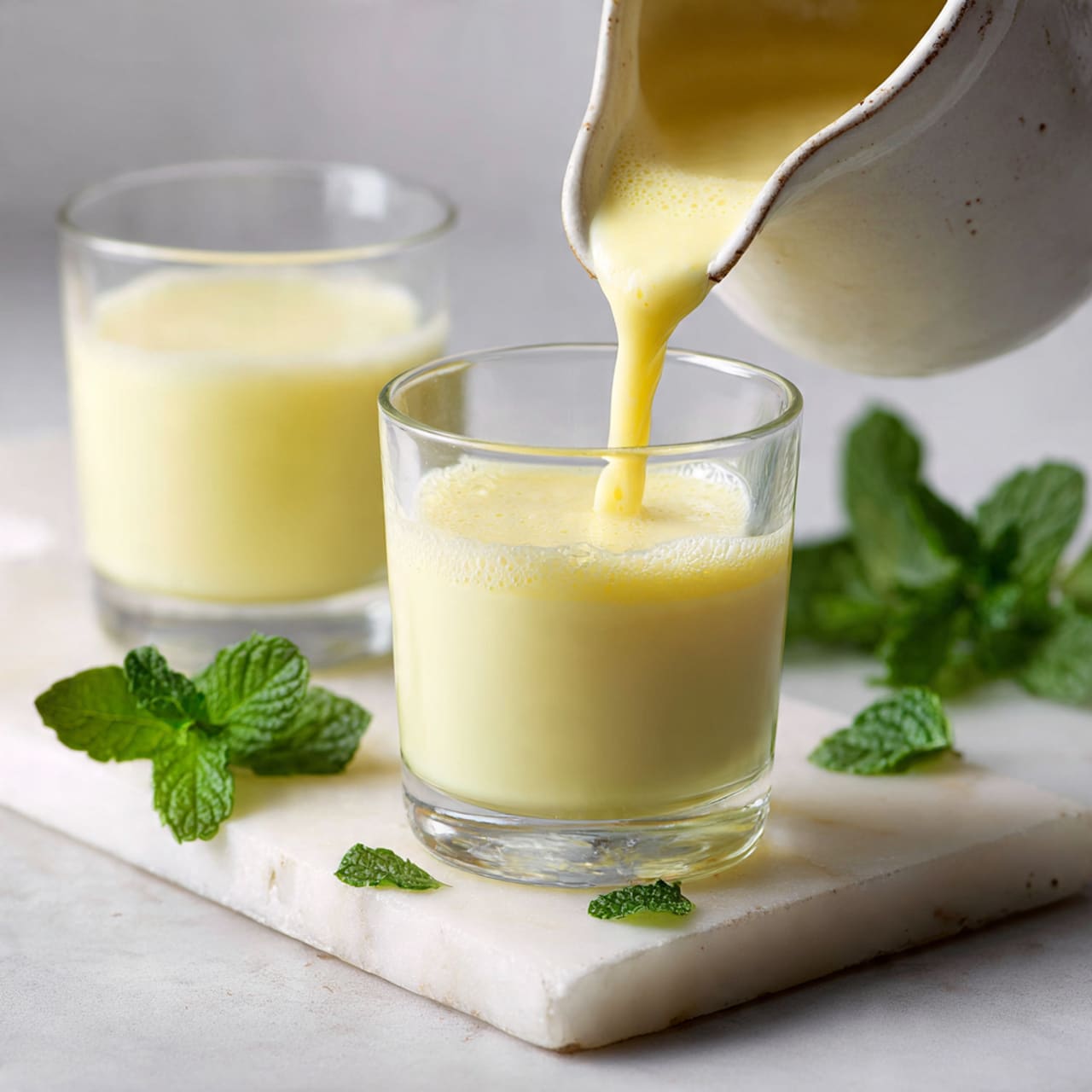 Three clear glasses filled with thick yellow mango smoothie are arranged on a white marbled surface. The glass in the front is placed on a white marble board with a white straw inserted and topped with a small cluster of fresh green mint leaves. Two more glasses of the same yellow smoothie sit in the background without straws. Around the glasses, scattered fresh mint leaves add a pop of green. The lighting is soft and natural, highlighting the smooth texture of the drink and the clean white marbled surface photo taken with an iphone --ar 4:5 --v 7