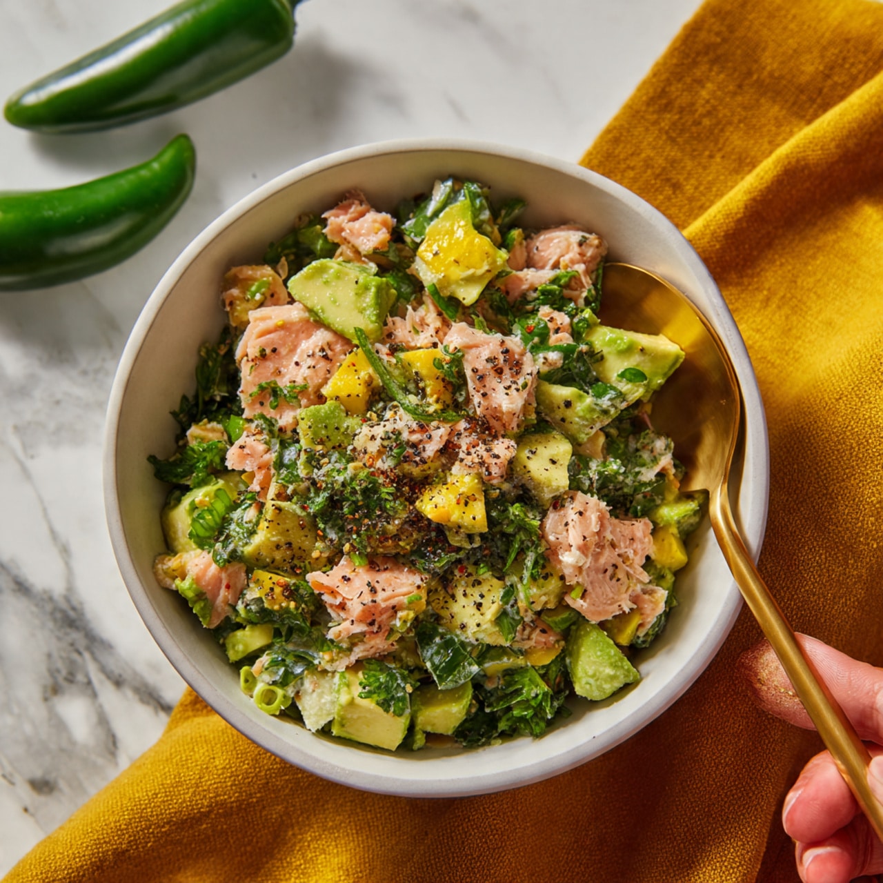 A close-up image of a white bowl filled with a mixed salad of three visible layers: the base layer consists of chopped avocado pieces with a bright green and creamy texture, scattered throughout the dish; the middle layer has chunks of light pink, moist fish mixed with chopped green herbs and small bright yellow vegetable pieces; the top layer is sprinkled with cracked black pepper and additional green leaves for garnish. A shiny gold spoon rests inside the bowl on the right side, and the bowl is placed on a mustard-yellow cloth over a white marbled surface. In the background, two green jalapenos are slightly blurred. A woman's hand holding the spoon is partially visible. Photo taken with an iphone --ar 4:5 --v 7