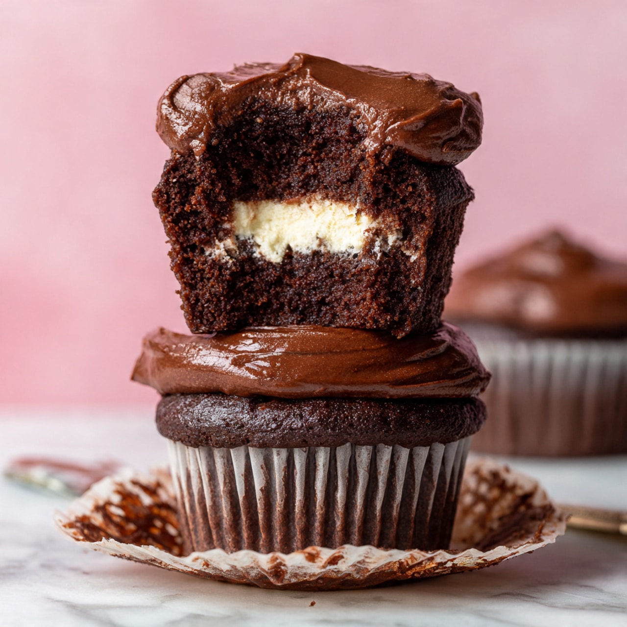 The image shows two close-up views of a chocolate mixture. In the first part, a clear glass measuring cup holds a thick, smooth chocolate liquid with lighter swirls on the surface, showing its rich texture. The second part shows a thin stream of the same chocolate liquid pouring into a white paper cupcake liner placed in a dark metal muffin tray. The white marbled surface is visible partly under the tray. The scene captures the flow and thickness of the chocolate mixture. Photo taken with an iphone --ar 4:5 --v 7