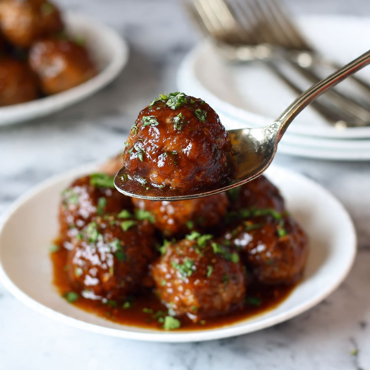 There are six shiny, orange-brown glazed meatballs on a simple white plate, arranged in a small pile with some green herbs sprinkled on top and around them. The meatballs have a smooth, sticky texture with hints of sauce dripping slightly. In the background, there is another white plate with more meatballs, partly blurred, on a white marbled surface, giving a fresh and clean look. Photo taken with an iphone --ar 4:5 --v 7