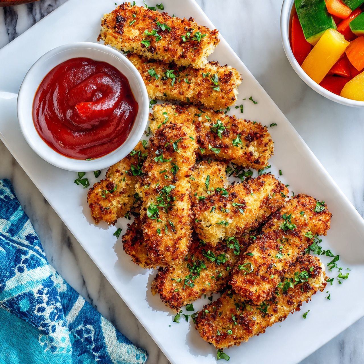 The image shows five pieces of golden brown crispy fried strips with a crunchy texture, lying side by side on a long white plate. Each piece is coated with a mix of herbs and breadcrumbs, giving a speckled look of green and orange on the crust. Bright green fresh parsley leaves are scattered under and around the strips, adding a fresh contrast to the warm colors of the fried food. The plate sits on a white marbled surface, with some scattered crumbs and herbs adding a touch of casual appeal. photo taken with an iphone --ar 4:5 --v 7