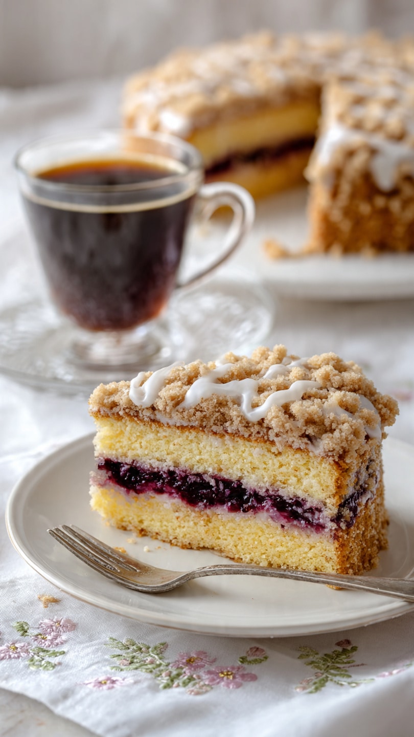 The image shows a slice of crumb cake on a white plate with a silver fork beside it, placed on a white marbled cloth with delicate flower embroidery. The crumb cake has three visible layers: a golden yellow dense cake base, a dark purple layer of berry filling, and a thick crumbly tan topping with a light white icing drizzle on the top. In the background, the rest of the crumb cake is on a white plate, showing the same layering and a missing slice. A clear glass cup of dark coffee with a handle is also visible, sitting on a clear glass saucer, all placed on the embroidered white marbled surface. photo taken with an iphone --ar 4:5 --v 7