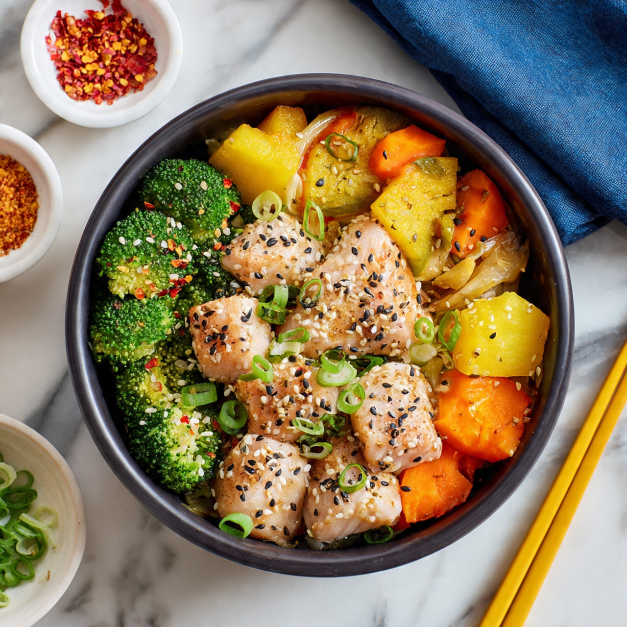 A dark bowl filled with three main layers: the bottom layer has bright green broccoli florets scattered unevenly, the middle layer shows thick slices of orange carrots and yellow squash pieces, and the top layer includes light pink pieces of cooked fish topped with white sesame seeds and small green onion slices. The bowl is placed on a white marbled surface, with a pair of chopsticks with yellow handles and a blue cloth nearby. Two white small dishes with red and yellow spice flakes sit in the background. Photo taken with an iphone --ar 4:5 --v 7