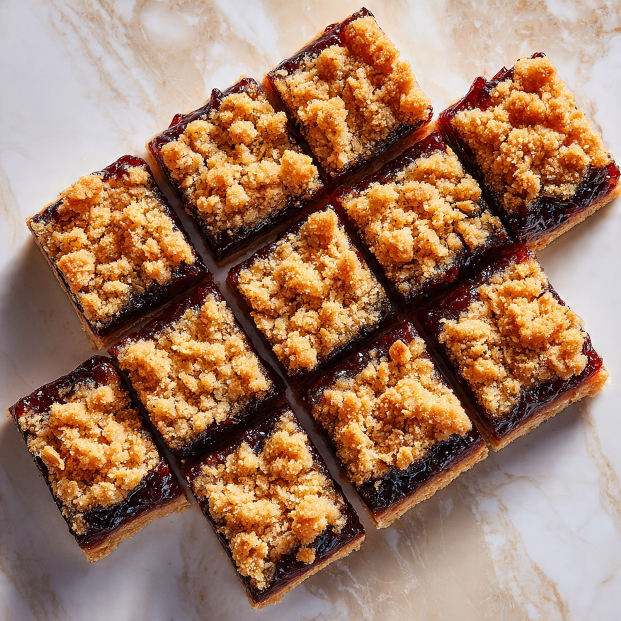 The image shows several square oat bars with three layers: a bottom layer of golden oat crust, a middle layer of deep red jam, and a top layer of crumbly golden oats. The bars are scattered on a white marbled surface. Bright red fresh raspberries are placed both on top of some bars and beside them in clusters. Near the top right corner, there is a spoon with thick jam and a single raspberry beside it. The overall look is textured, rustic, and colorful with the contrast of golden oats and red berries. Photo taken with an iphone --ar 4:5 --v 7