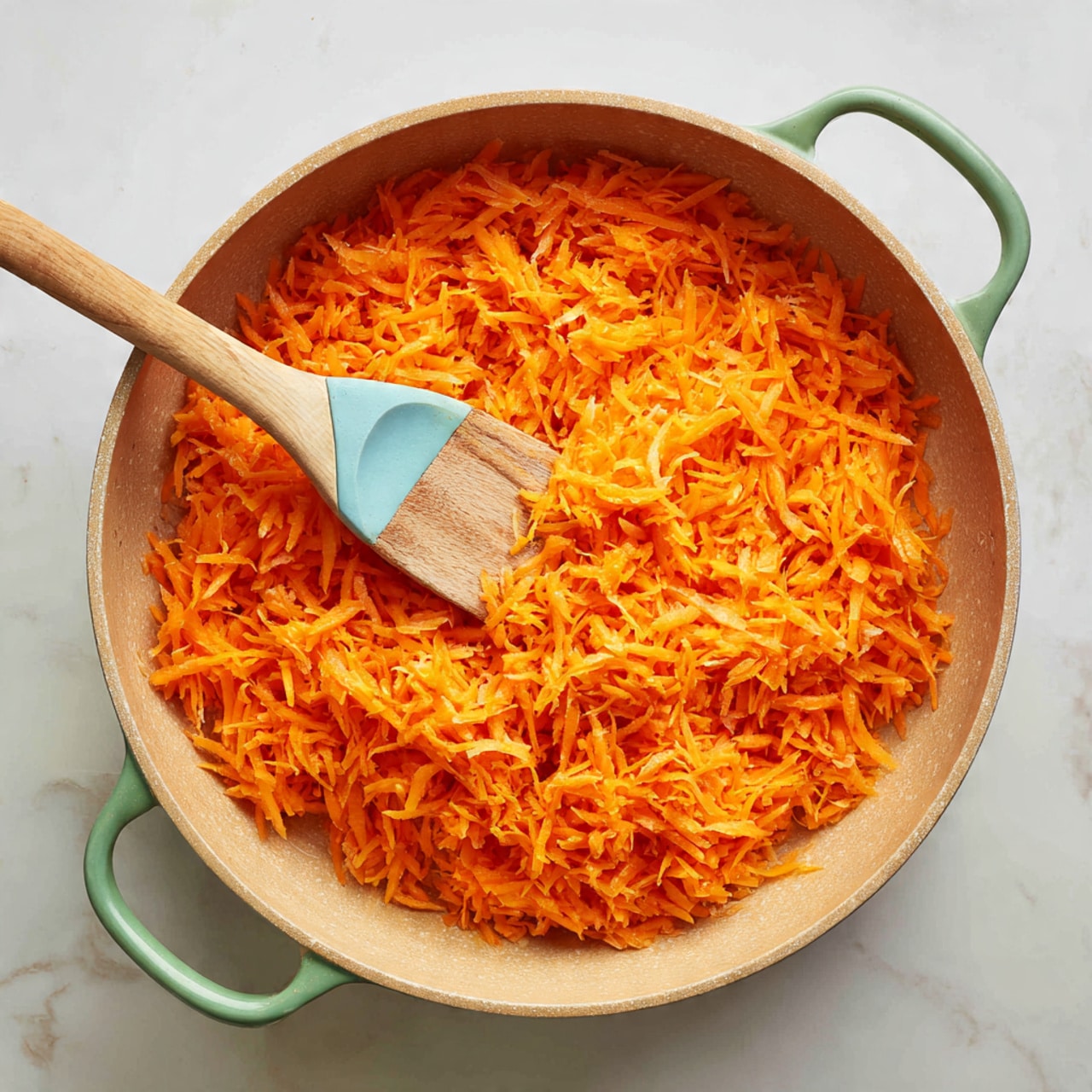 The image shows three white bowls placed on a white marbled surface, each filled with a bright orange, chunky mixture. The mixture looks soft and moist with a slightly rough texture, topped with slivered white nuts and green seeds scattered on the surface. Two bowls have golden spoons inserted into the mixture, adding a touch of warmth to the composition. The bowls are arranged in a loose triangle, with the closest bowl in sharp focus and the others softly blurred in the background. The overall feel is cozy and inviting, with natural light enhancing the colors and textures. Photo taken with an iphone --ar 4:5 --v 7